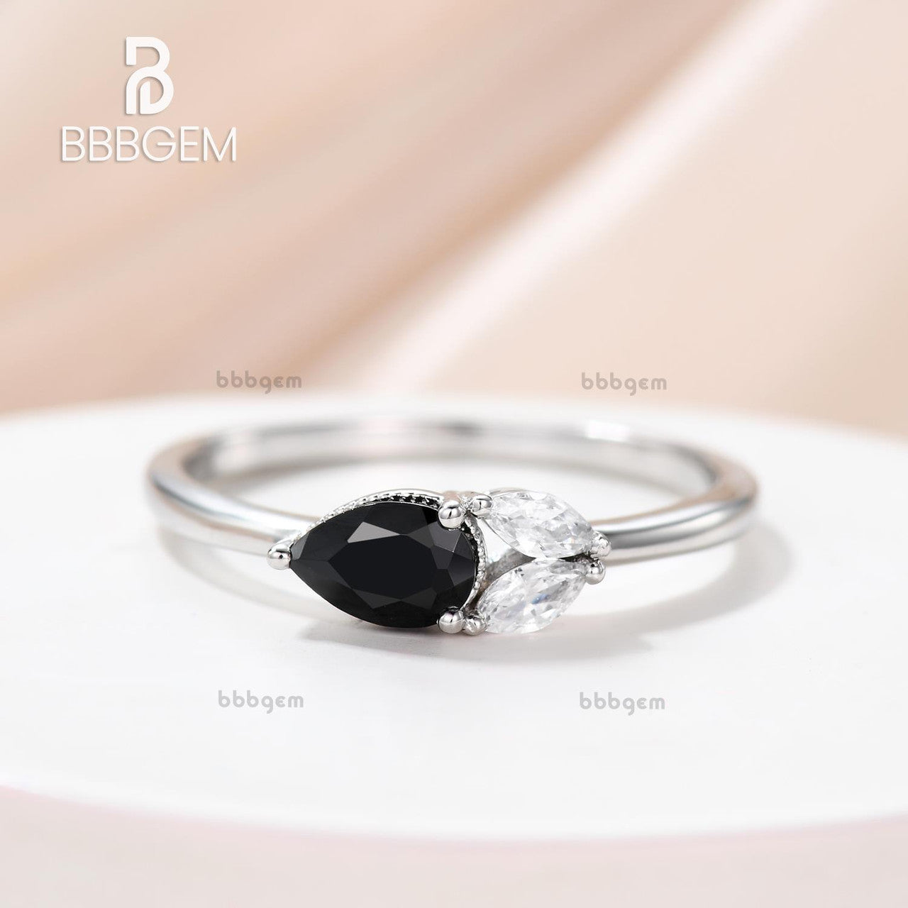Petite Black Onyx Pear & White Moissanite Marquise Stacking Ring - Asymmetrical East-West Set for Women - Perfect for Layering, Wedding Bands, and Everyday Elegant Jewelry