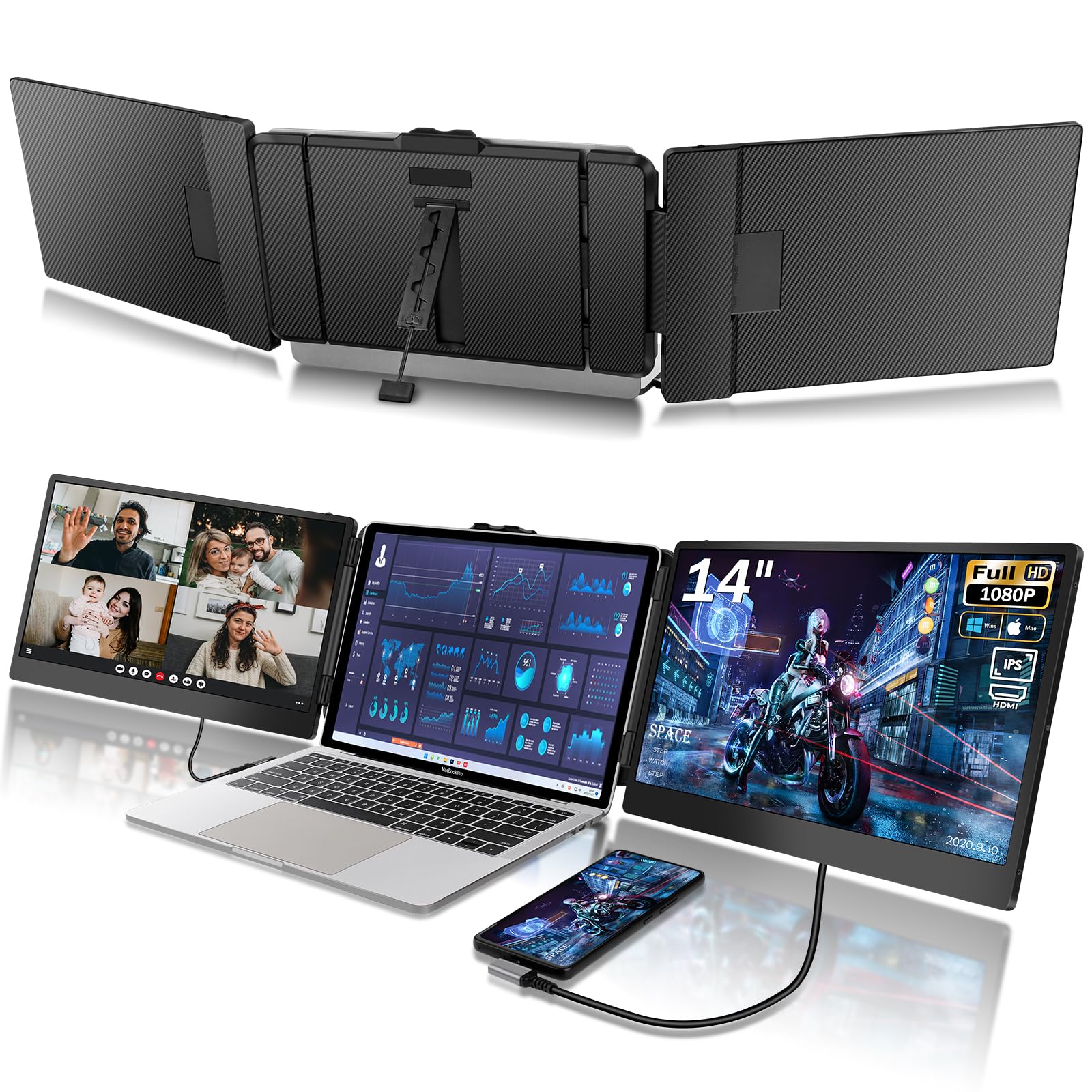 14 Inch Triple Portable Laptop Monitor Extender - 1080p FHD IPS Screen, Plug & Play USB-C/HDMI for Windows & Mac (13-17.3 Inch) - Perfect for Multi-Tasking, Gaming & Office Work