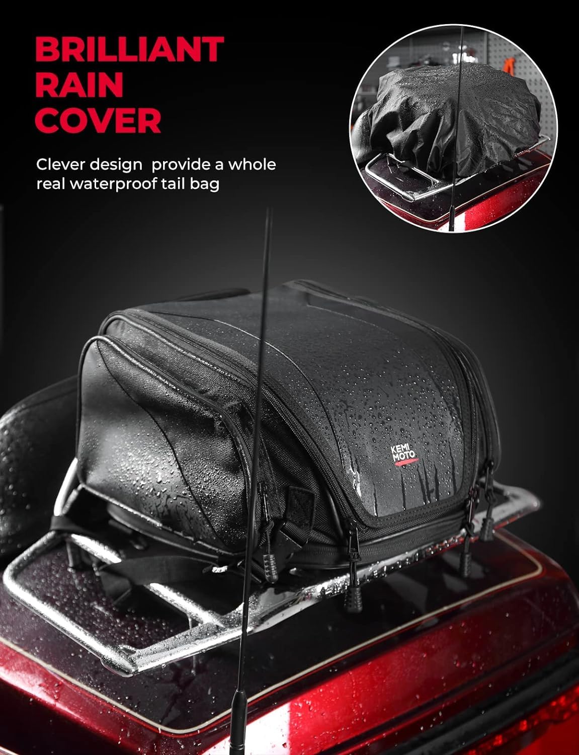 KEMIMOTO 18-22L Expandable Waterproof Motorcycle Tail Bag - Sissy Bar Luggage Seat Travel Rear Rack Bag for Harley Sportster, Softail, Dyna, Touring & Honda Shadow, Kawasaki Vulcan - Perfect for Long Rides, Commuting & Adventure Touring