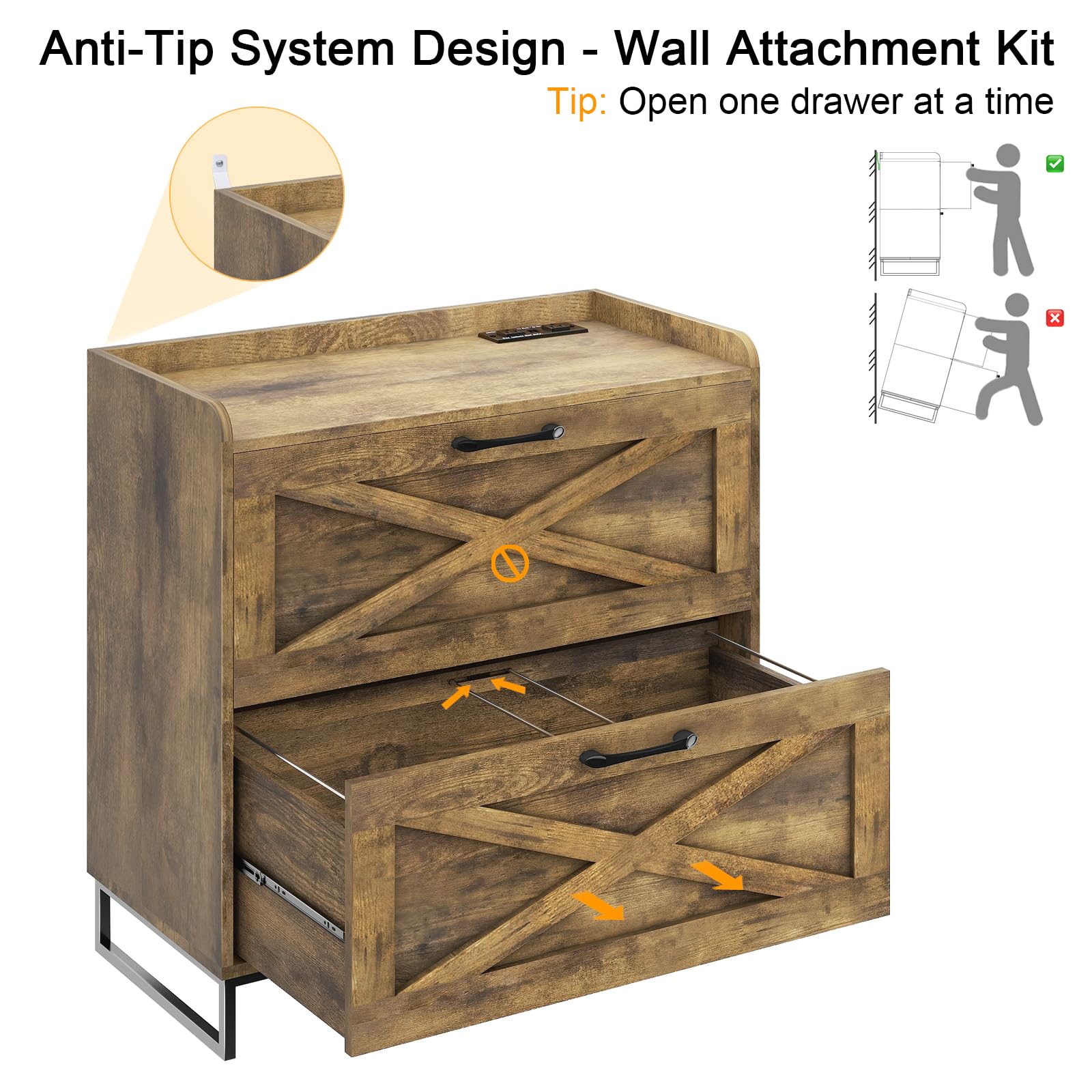 2-Drawer Lateral File Cabinet with Charging Station - Letter/Legal/A4 Size Hanging File Storage - Wooden Office Cabinet with Printer Stand for Home & Workspace - Brown - Perfect for Organizing Documents, Charging Devices & Saving Space in Home Offices