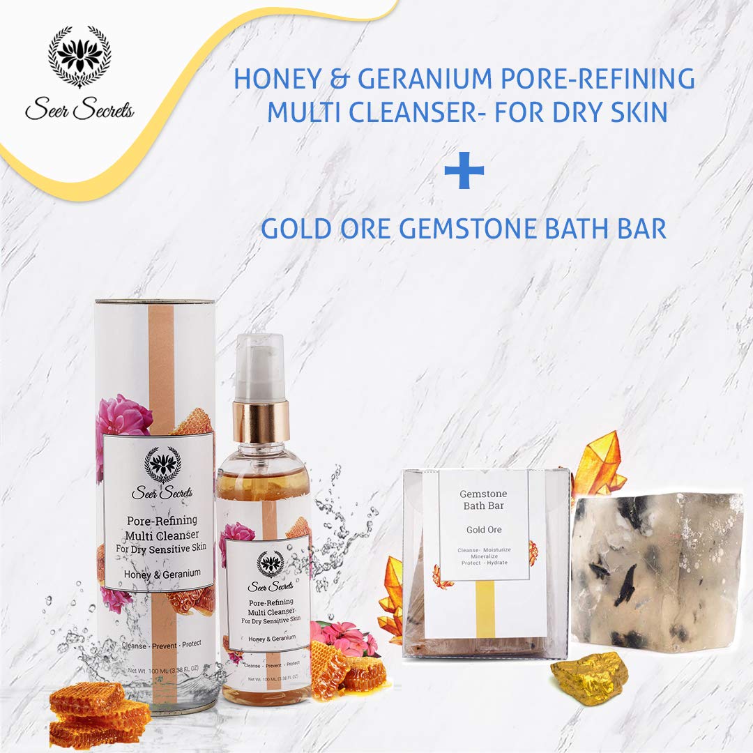 **Seer Secrets Multi Cleanser + Gold Ore Gemstone Set | Deep Cleansing for Dirt & Pollutants | Premium Skincare for Glowing & Brightening Skin | Ideal for Daily Face Wash & Spa Treatment - Set of 2**