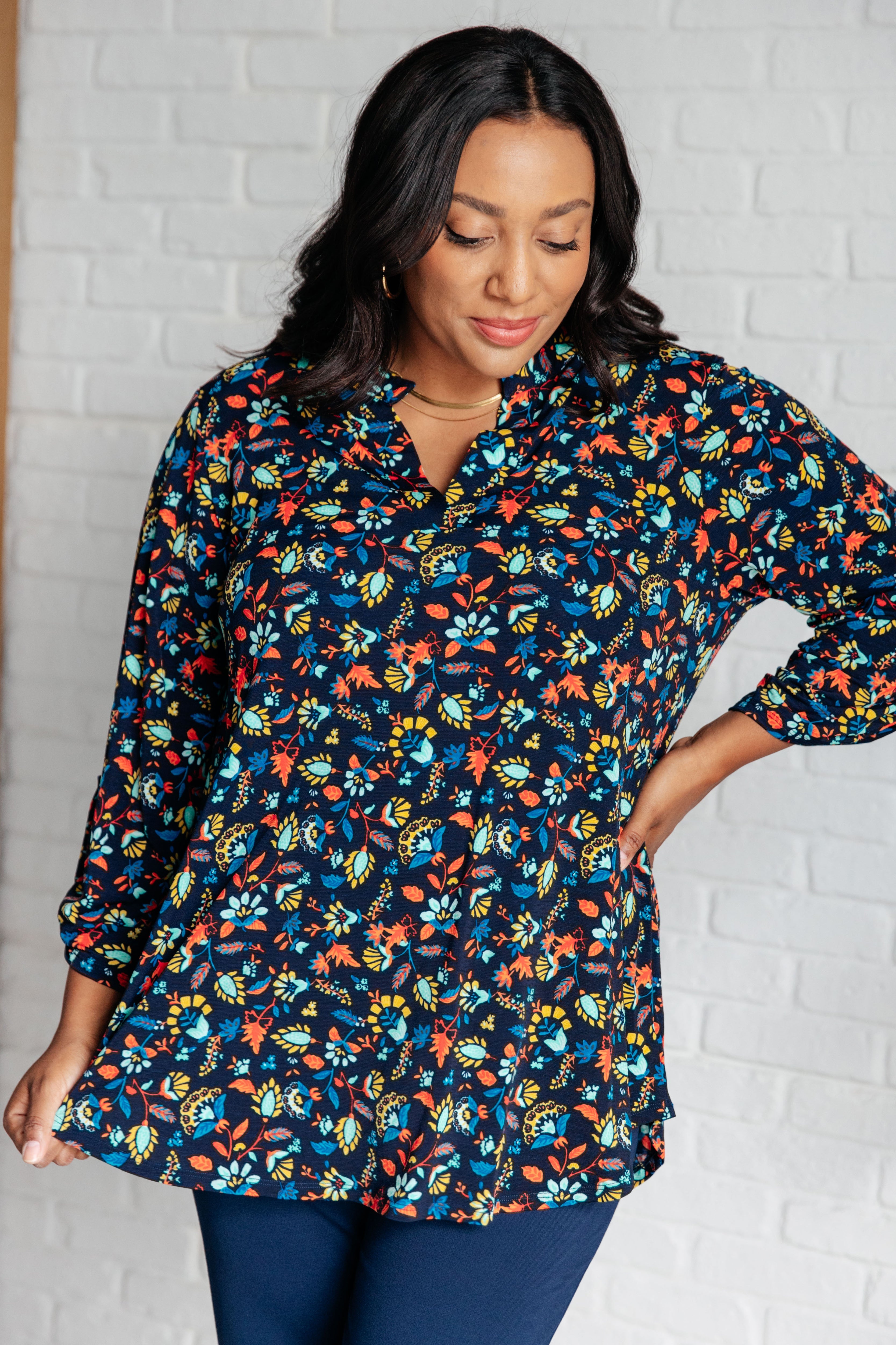 Lizzy Women's Floral Print Top in Navy & Teal - Casual Short Sleeve Blouse for Summer Outfits, Date Night & Office Wear