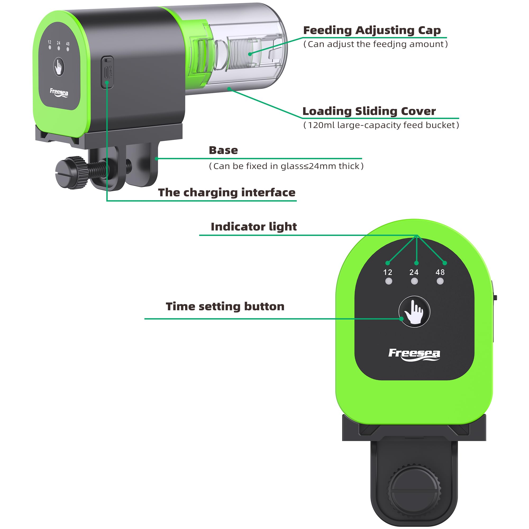 FREESEA Automatic Fish Feeder for Aquarium - USB Rechargeable Auto Fish Food Dispenser with Timer for Vacation & Daily Feeding | Perfect for Small to Medium Fish Tanks