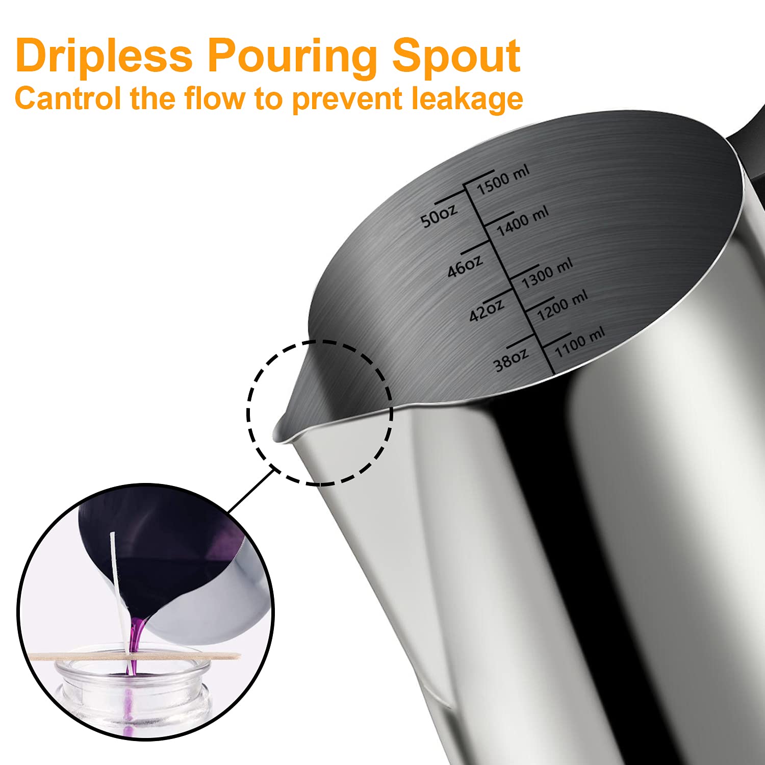 Premium 1500ML/50OZ Stainless Steel Candle Making Pouring Pot - 304 Heat-Resistant Pitcher with Dripless Spout & Ergonomic Handle for DIY Soy Wax, Beeswax & Candle Crafts - Perfect for Home Candle Making, Wax Melting & Gift Making Projects