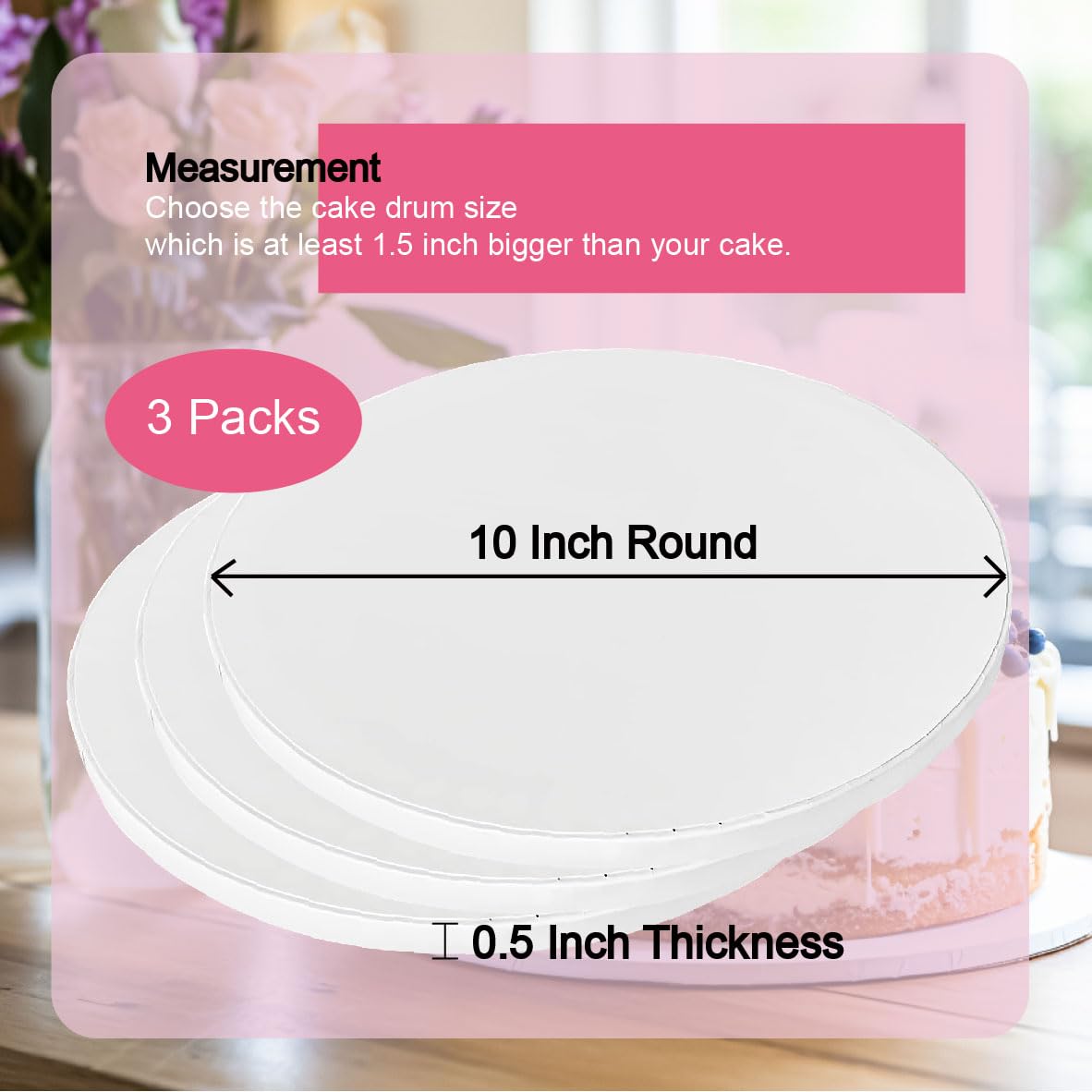 10 Inch Round Cake Drums (3 Pack) - Premium Greaseproof White Cardboard Cake Boards for Heavy & Tiered Cakes - Perfect for Wedding, Birthday, and Special Occasion Cake Displays - Base para Pastel