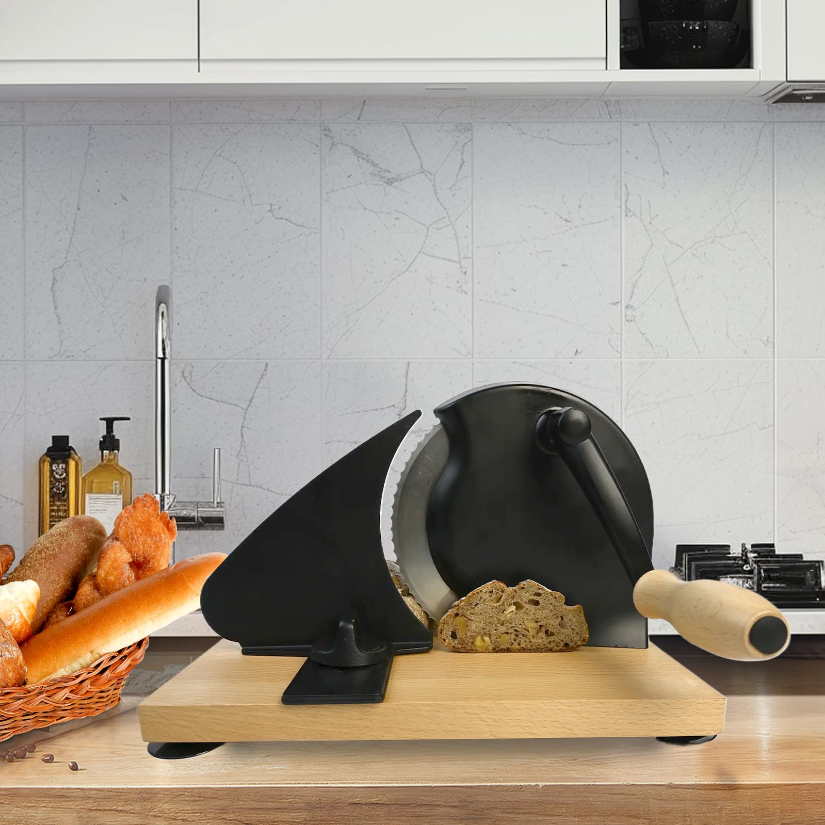 Classic Manual Bread Slicer - Adjustable Hand Crank Bread Cutter for Homemade Loaves (0.8 Inch Thickness, Black) | Perfect for Home Baking, Sandwiches & Breakfast Prep