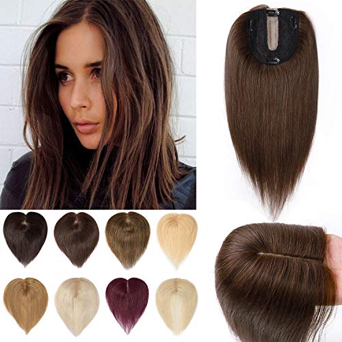 S-noilite 130% Density Human Hair Toppers for Women - Handmade Silk Base Clip-in Hairpiece for Thinning Hair & Hair Loss - Covers Gray Hair - 14 Inch 45g #4 Medium Brown - Perfect for Daily Wear, Parties & Special Occasions