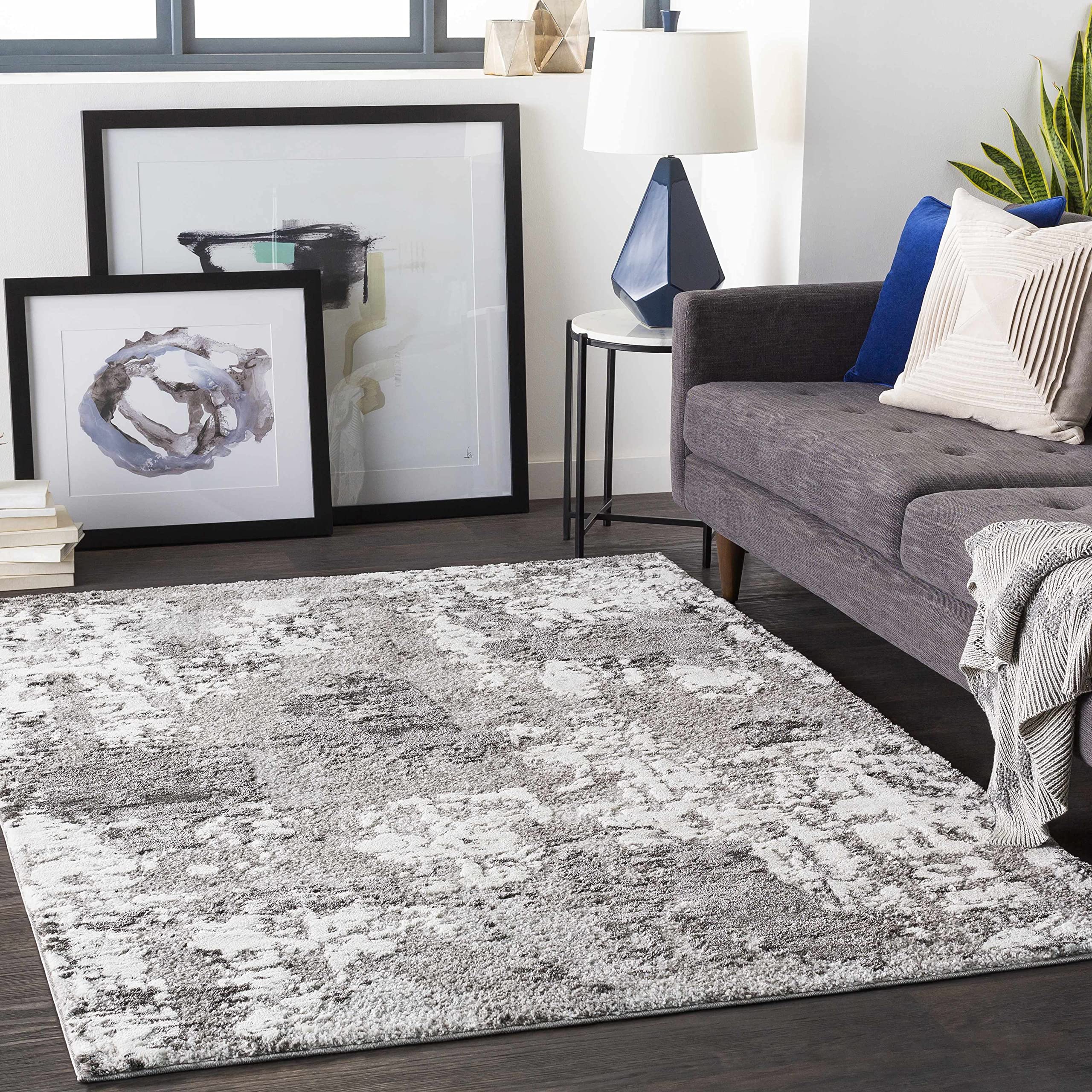 Hauteloom Balmat Modern High Pile Area Rug for Living Room & Bedroom - Soft Round Carpet in Gray, Ivory, Black - 7'10