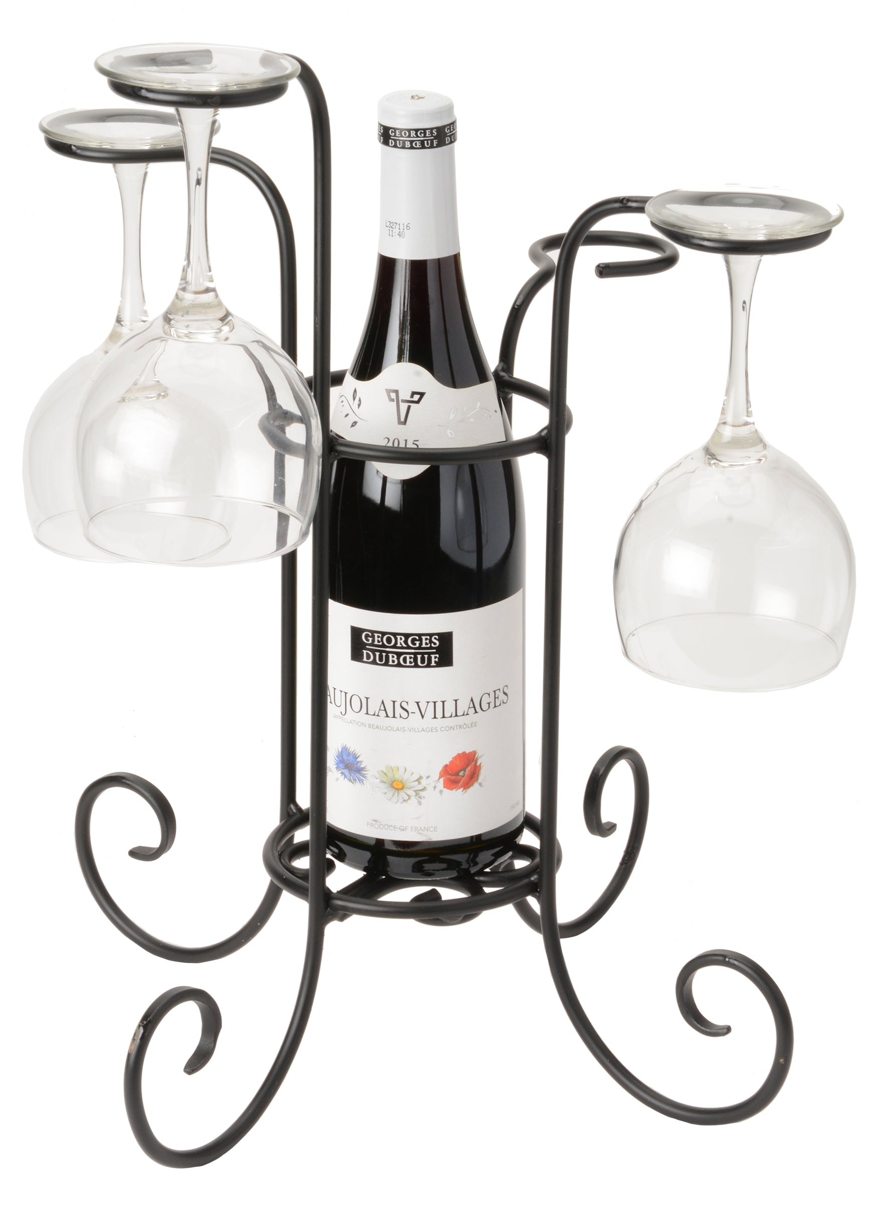 Hand Forged Wrought Iron Wine Bottle & Glass Holder - Elegant Table Centerpiece for Dining Room, Wedding, Party Decor and Home Bar Accessories