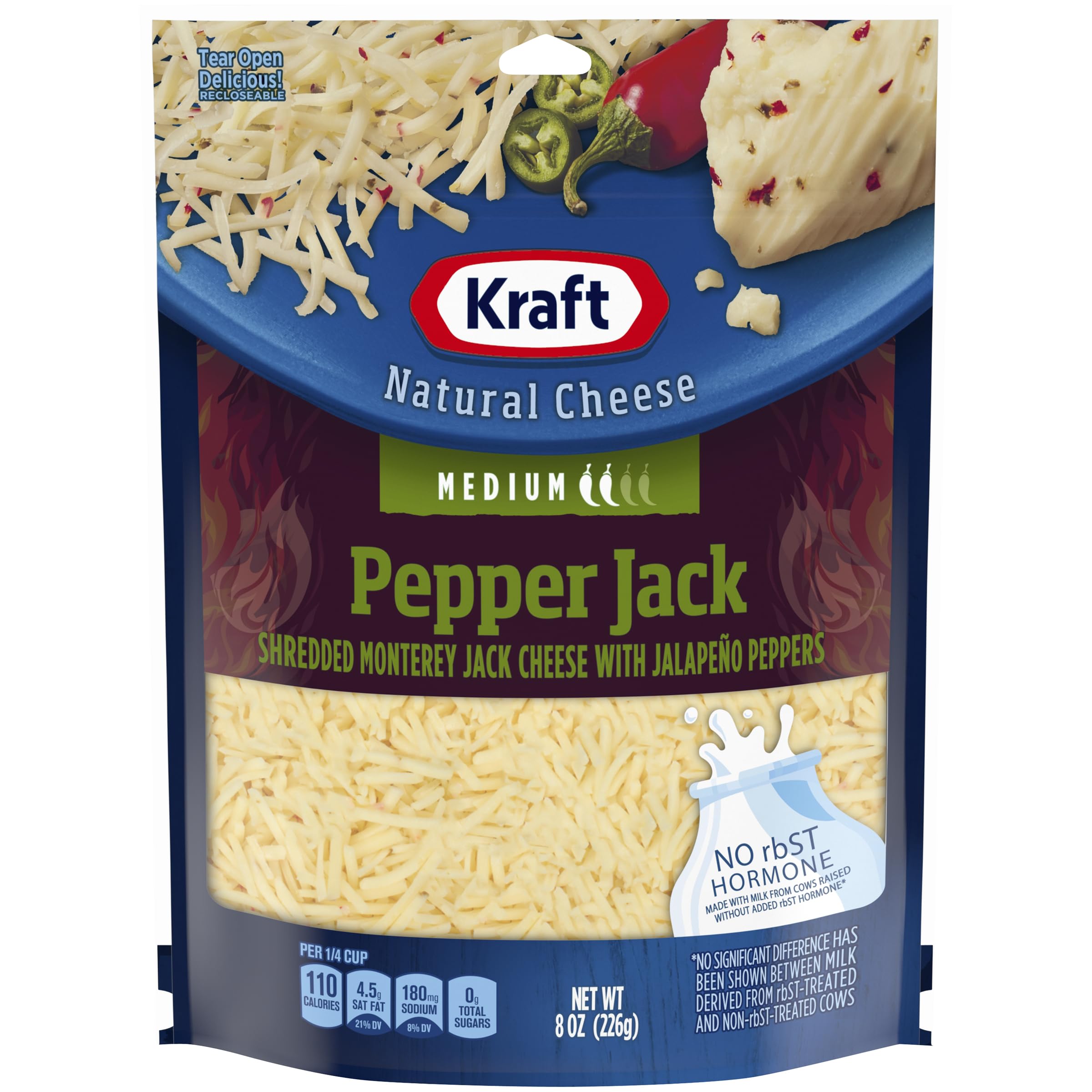 Kraft Natural Shredded Pepper Jack Cheese - 8 oz Resealable Bag - Spicy Melting Cheese for Nachos, Tacos & Burgers - Gluten Free & Keto Friendly