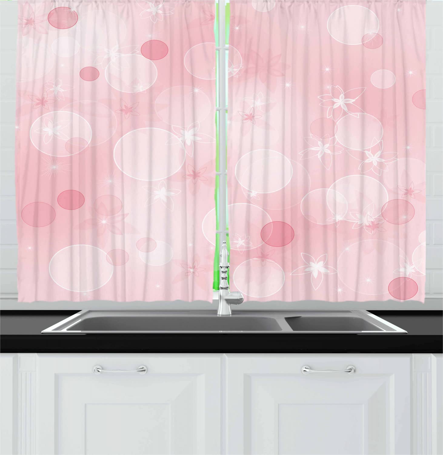 Ambesonne Pale Pink Long Kitchen Curtains - Floral Bubble Design with Romantic Flowers, 55