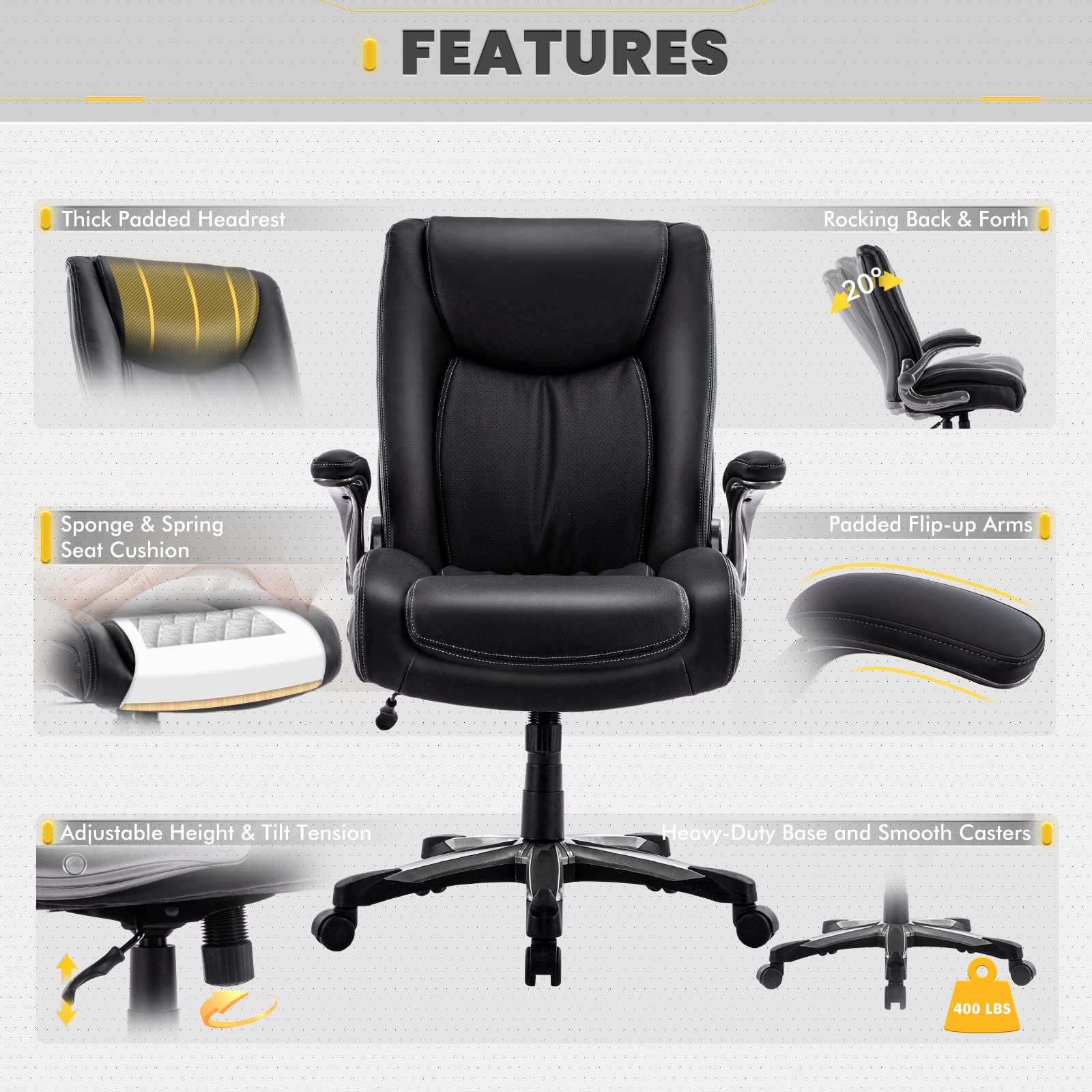 COLAMY Big and Tall Office Chair 400lbs Heavy Duty - High Back Executive Desk Chair with Flip-Up Arms & Wide Seat for Home Office - Ergonomic Computer Chair for Large Men - Perfect for Long Work Hours & Gaming Sessions (Black)