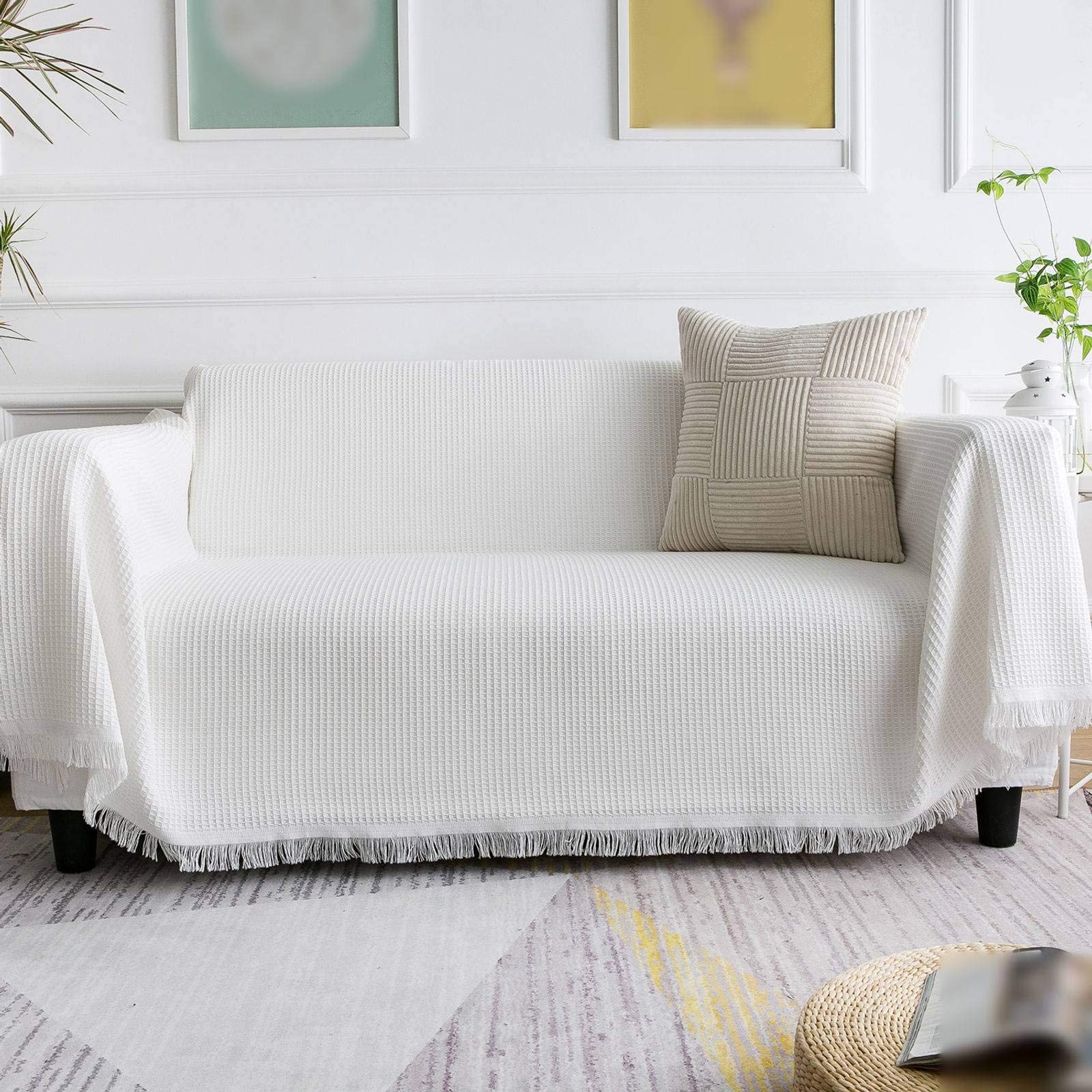 HALOUK Cotton Sofa Slipcover - Soft Universal Waffle Weave Couch Cover - Furniture Protector for Living Room (White, 180×380cm/71×150inch) - Perfect for Pets, Kids & Daily Use