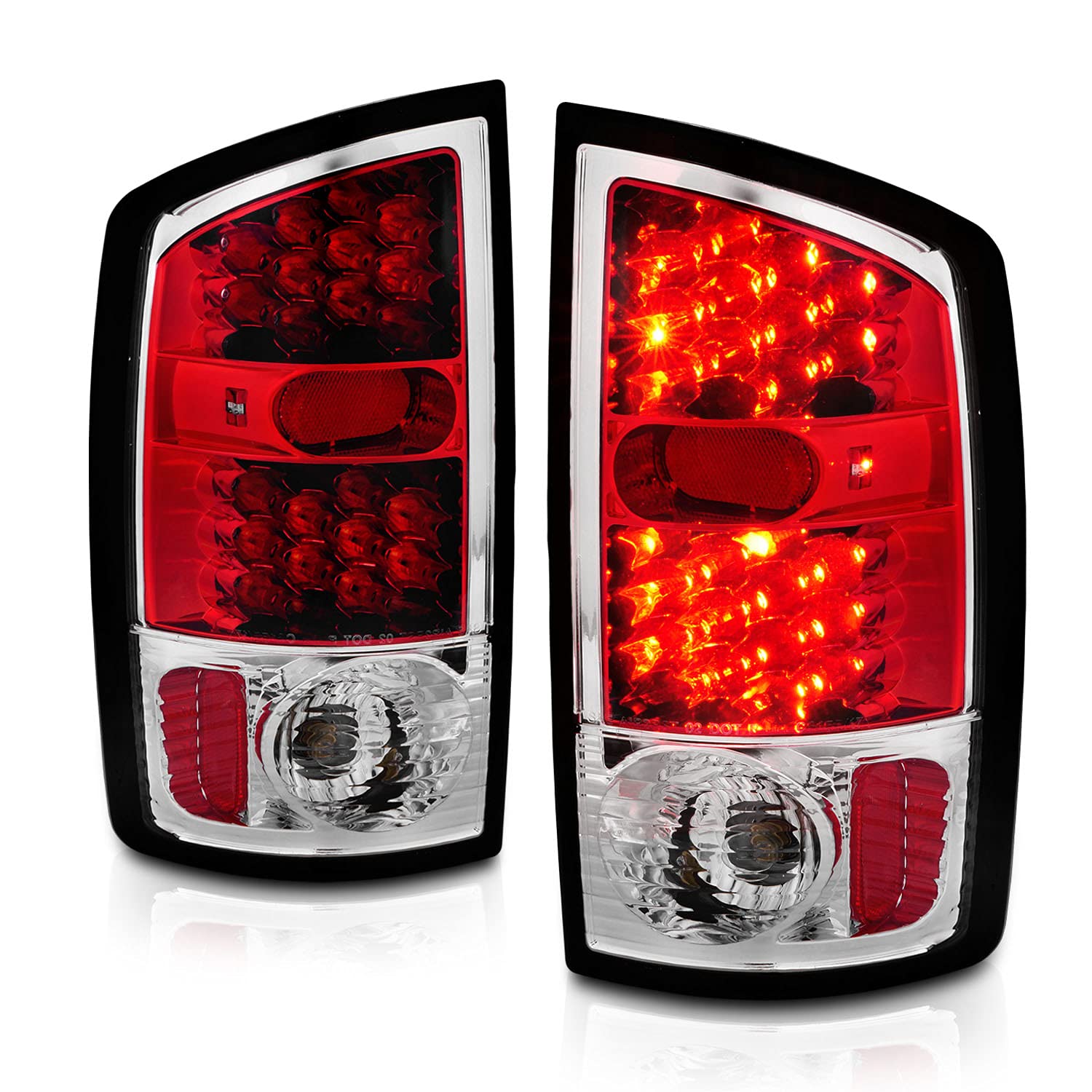 AmeriLite Clear Red LED Tail Lights Replacement Set for 2002-2006 Dodge Ram 1500/2500/3500 Pickup Truck - Left & Right Side - Bright & Durable for Night Driving & Enhanced Safety