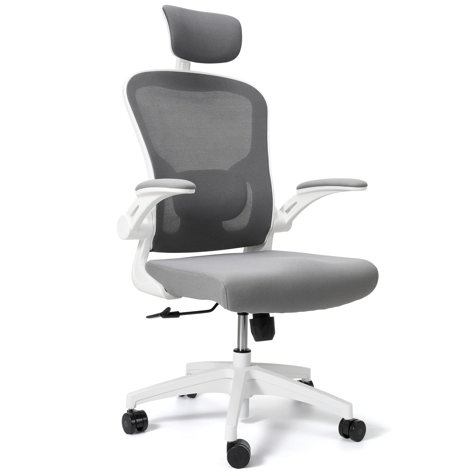 Ergonomic Office Chair with Lumbar Support - 90° Flip-Up Armrests & High Back Mesh Design - Adjustable Reclining Computer Desk Chair for Home & Office (White & Gray) - Perfect for Long Work Hours & Gaming Sessions