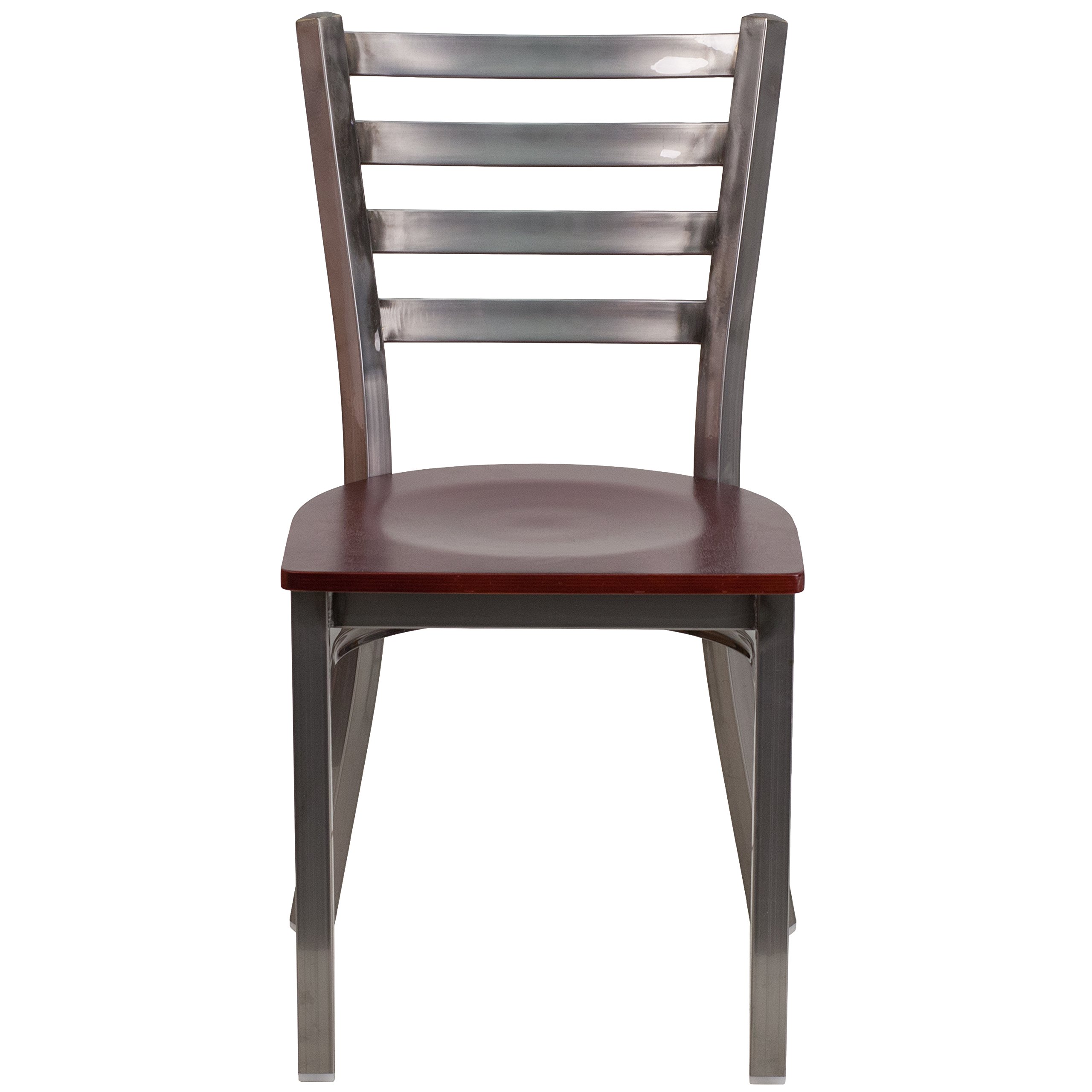 EMMA + OLIVER Clear Coated Ladder Back Metal Dining Chair with Mahogany Wood Seat - Modern Kitchen & Dining Room Furniture for Home, Restaurant, Cafe & Office Use
