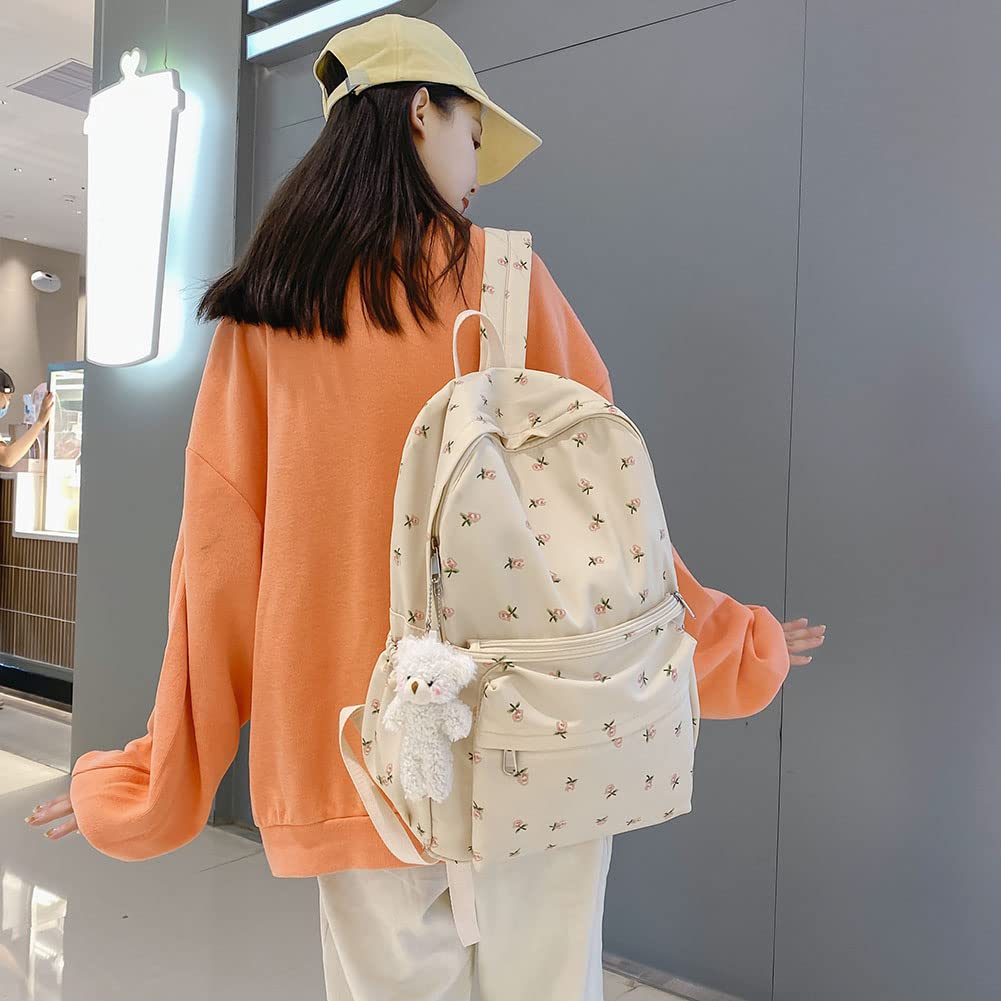 Cute Floral Print Aesthetic Backpack for Women - Large Capacity Kawaii Backpack with Plush Pendant - Stylish Travel Backpack for School, Work & Casual Outings