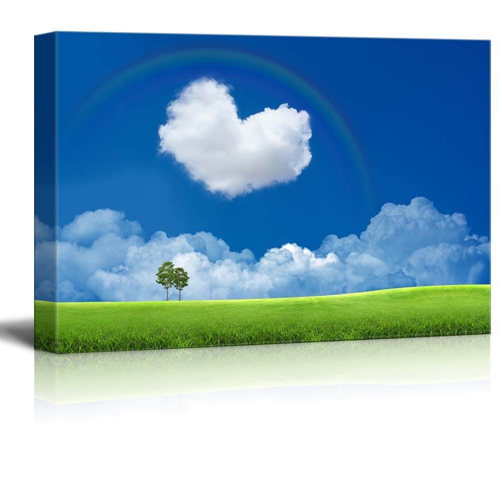 Blue Sky Heart Shaped Cloud & Rainbow Canvas Print - Romantic Wall Art for Living Room, Bedroom, Office | Modern Home Decor Stretched Gallery Wrap Giclee Ready to Hang - 32x48 Inches - Perfect for Wedding Gifts, Anniversary & Valentine's Day Decor