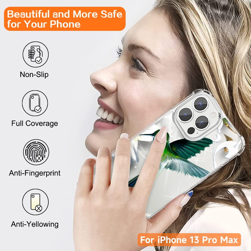 Premium Clear Shockproof Phone Case for iPhone 13 Pro Max - Elegant Green Hummingbird Design with 4-Corner Protection | Slim Protective Cover for Everyday Use, Outdoor Activities & Travel