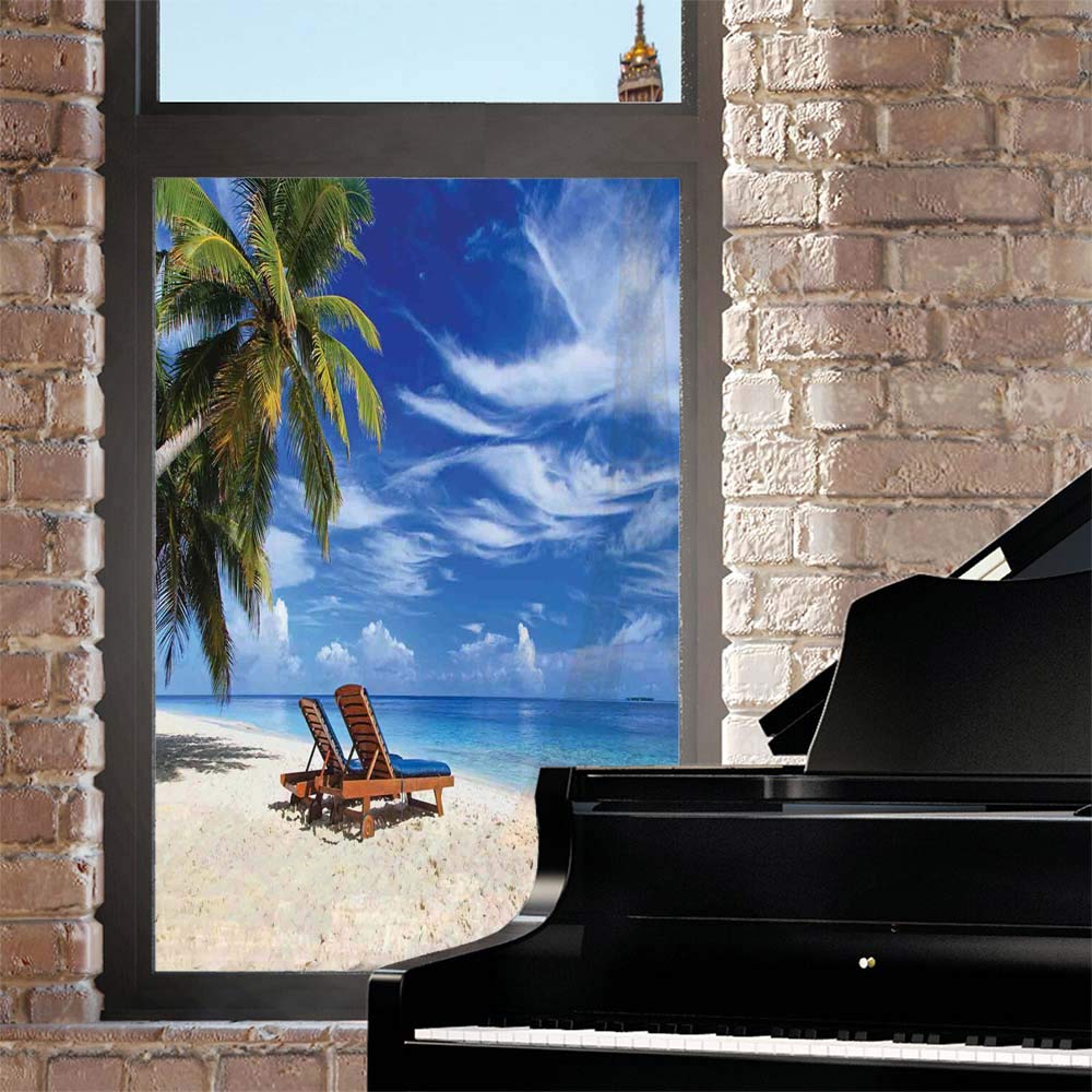 Frosted Glass Window Film - Tropical Beach Scene with Palm Trees & Chairs - 24x36 Inch Static Cling Privacy Film for Home & Office (Ivory, Blue, Green) - Perfect for Bathroom, Bedroom, and Office Windows