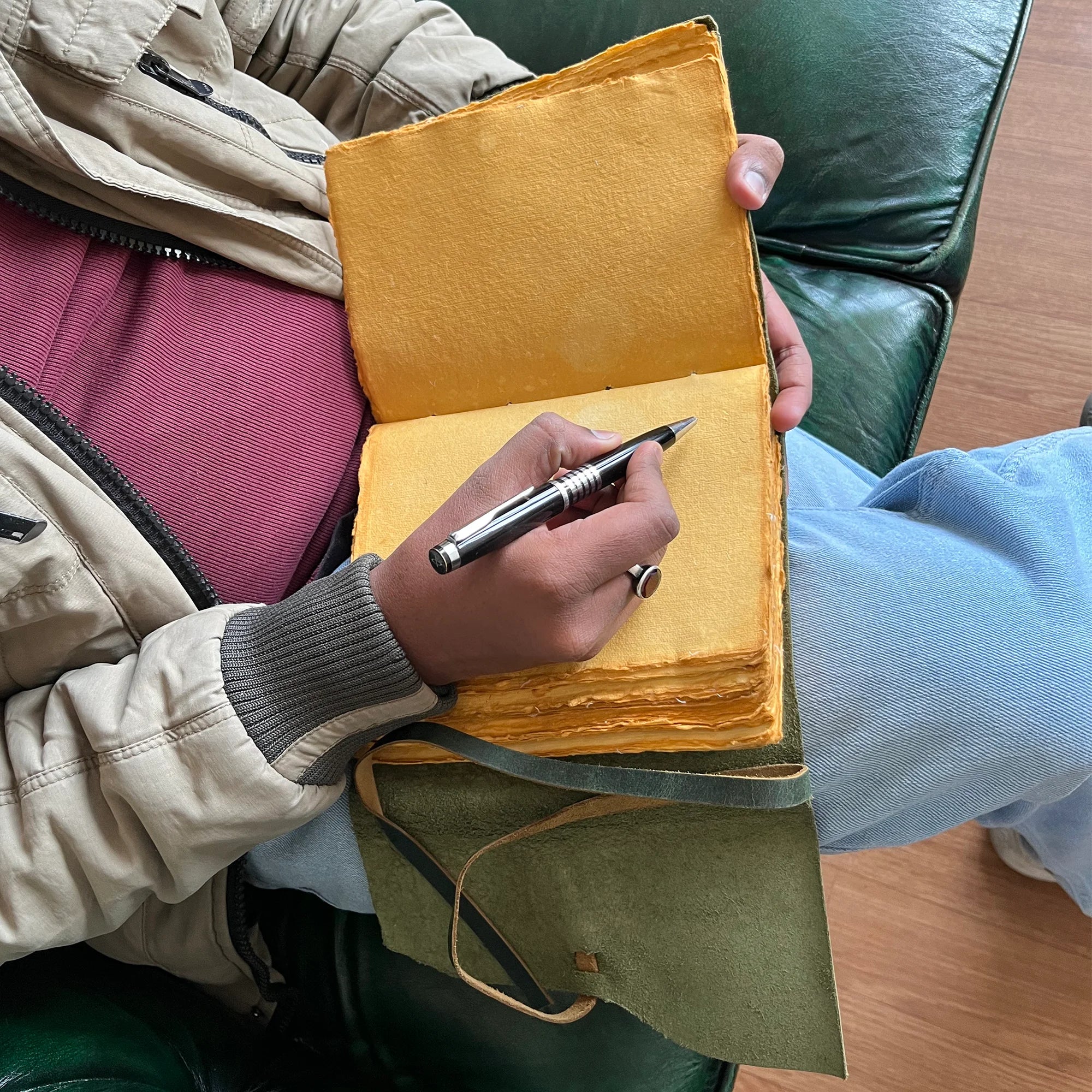 Handmade A5 Leather Bound Journal with Antique Deckle Edge Paper - Olive Green - Perfect for Writing, Sketching & Gift Giving
