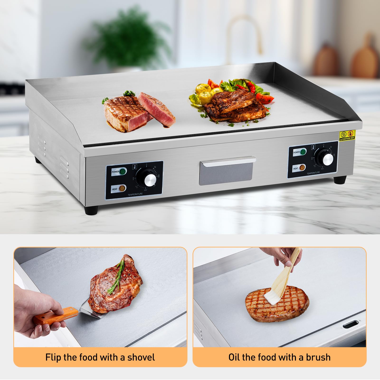 GARVEE 29 Inch Commercial Electric Griddle - 3000W Stainless Steel Flat Top Grill with Non-Stick Surface for Restaurant, Kitchen & Outdoor BBQ (110V, No Plug Included) - Perfect for Teppanyaki, Pancakes, Burgers & Large Batch Cooking