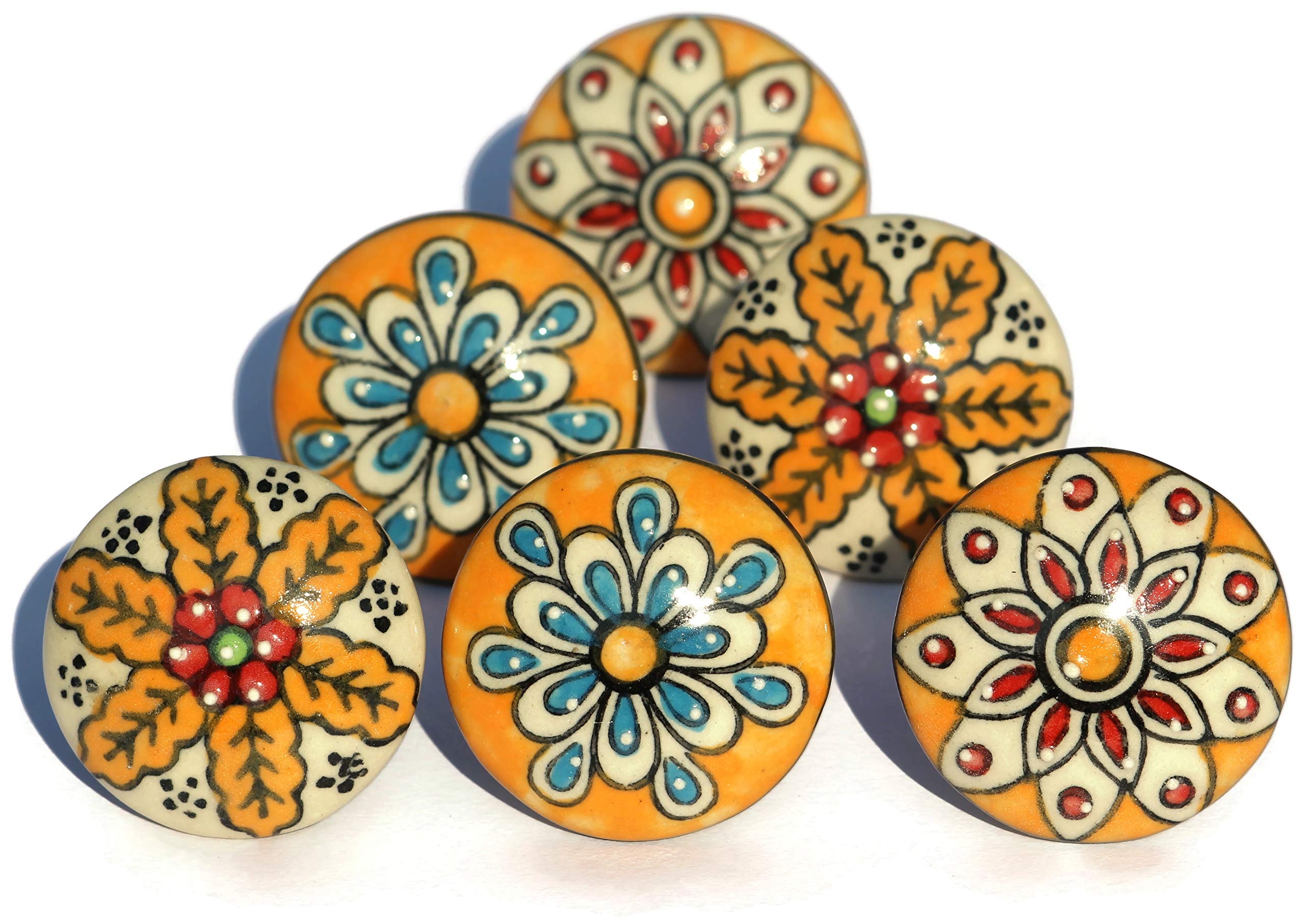 OwlKraft Set of 6 Green and Mustard Floral Ceramic Cabinet Knobs - Drawer Pulls - Door Handles - Boho Mandala Design Hardware for Kitchen, Bathroom & Furniture Upgrade