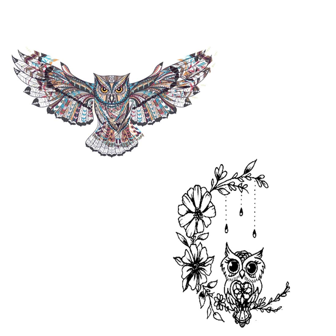 Voorkoms® Owl with Flower Temporary Tattoos - Waterproof Fake Body Art for Men & Women - Perfect for Parties, Halloween, and Festivals