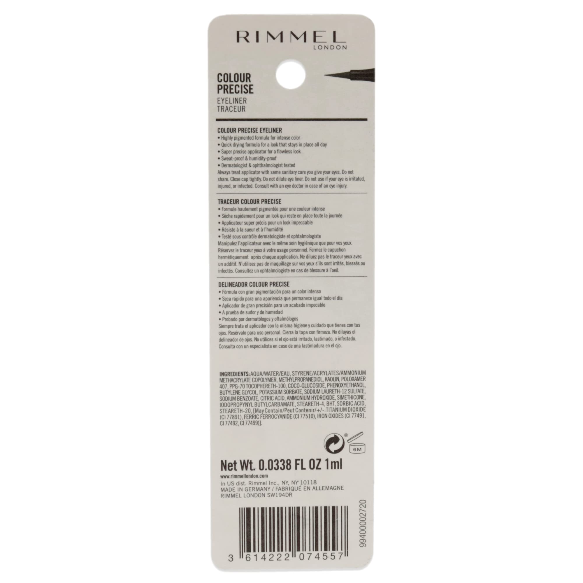 Rimmel London Colour Precise Eyeliner - Highly Pigmented, Smudge-Proof, Waterproof White Eyeliner (0.04oz) for Precise Lines & All-Day Wear | Perfect for Dramatic Eye Looks, Graphic Liner & Everyday Makeup