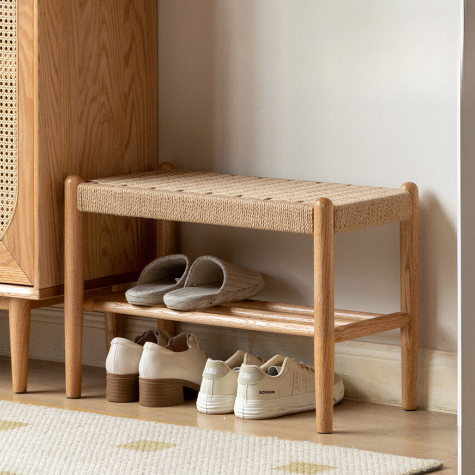 Oak Solid Wood Modern Rope Shoe Bench - Entryway Storage Organizer for Shoes & Boots | Perfect for Mudrooms, Hallways & Bedroom Décor