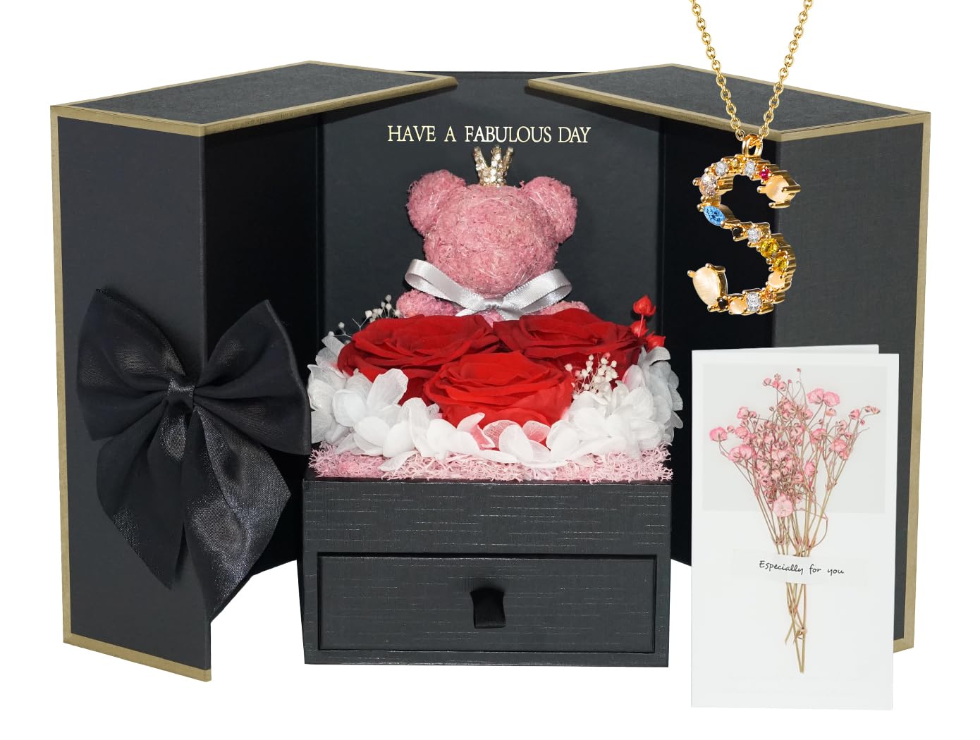 ADDWel Preserved Rose Gift Set with Personalized Initial Necklace - Eternal Rose Flowers in Glass Dome for Women, Mom, Girlfriend, Wife, Sister - Perfect Birthday, Anniversary, Valentine's Day Present - Romantic Home Decor & Keepsake Gift
