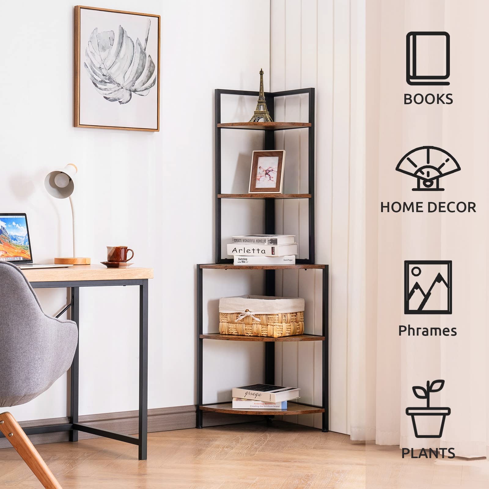 Apicizon 5-Tier Corner Shelf - Industrial Metal Frame Bookcase, Rustic Brown Storage Rack for Books, Plants & Decor | Perfect for Small Spaces, Home Office, Kitchen & Living Room Display