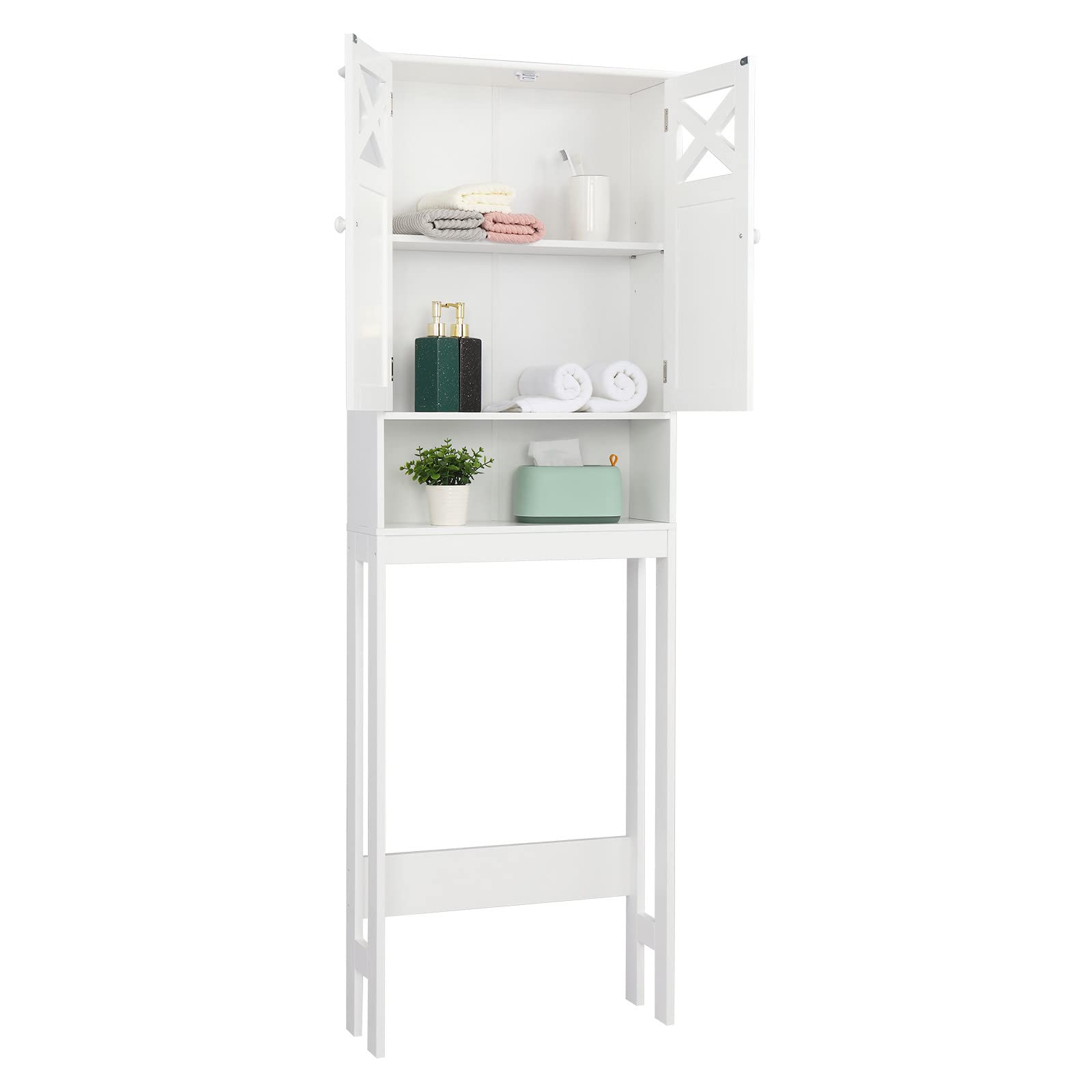 White Double Door Over the Toilet Storage Rack with Shelves - Freestanding Bathroom Cabinet for Home, Kitchen & Laundry - Perfect for Small Spaces & Apartment Living