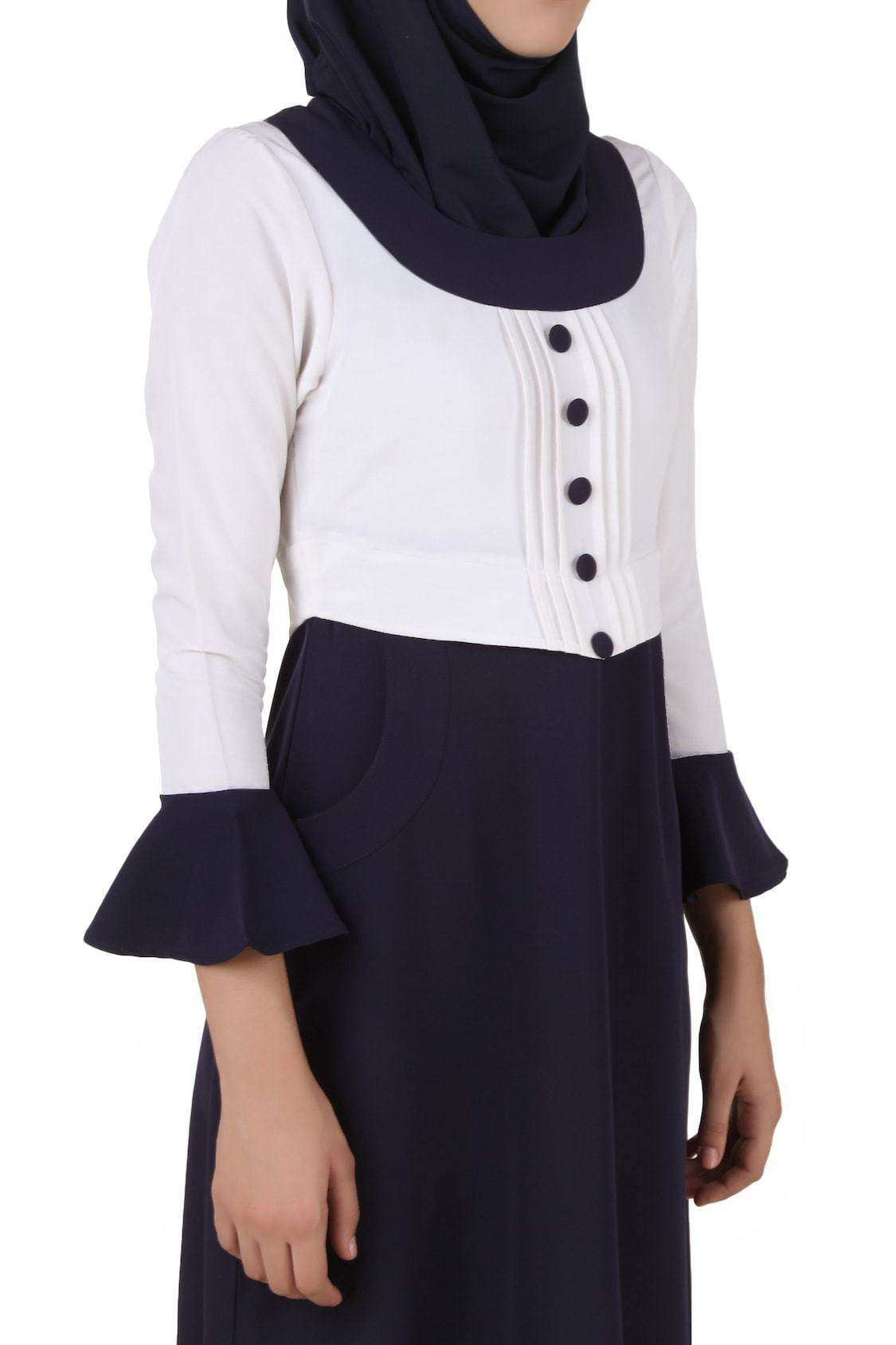 Eiman White & Navy Blue Kashibo Abaya - Modest Muslim Prayer Dress for Women - Perfect for Mosque, Eid, and Special Occasions
