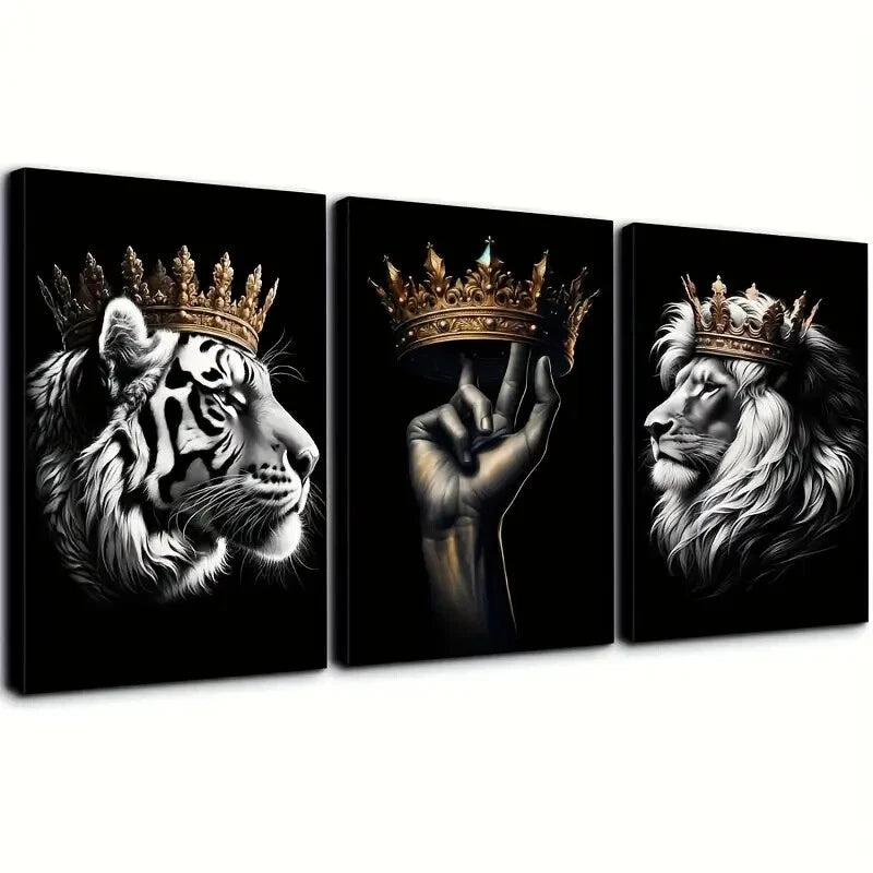 3-Piece Crowned Lion and Tiger Wall Art Set - Framed Canvas Prints 40x60cm - Premium Quality Australian Made Decor - Ready to Hang for Living Room, Bedroom or Office Decor