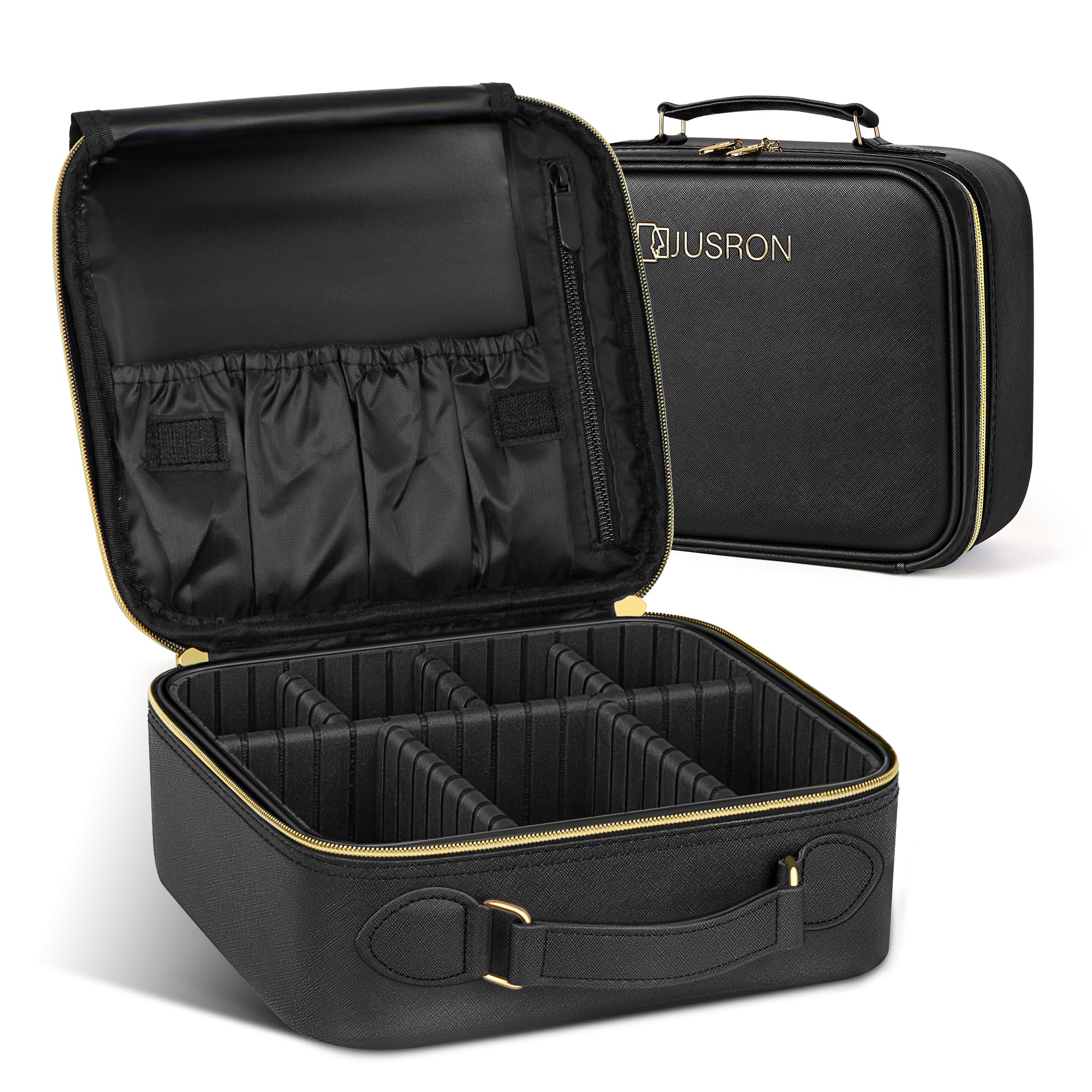 JUSRON Portable Makeup Bag with Adjustable Dividers - Small Cosmetic Organizer for Travel, Makeup Brush Holder Storage Case (Black) - Perfect for On-the-Go Touch Ups, Gym Essentials & Daily Beauty Routine