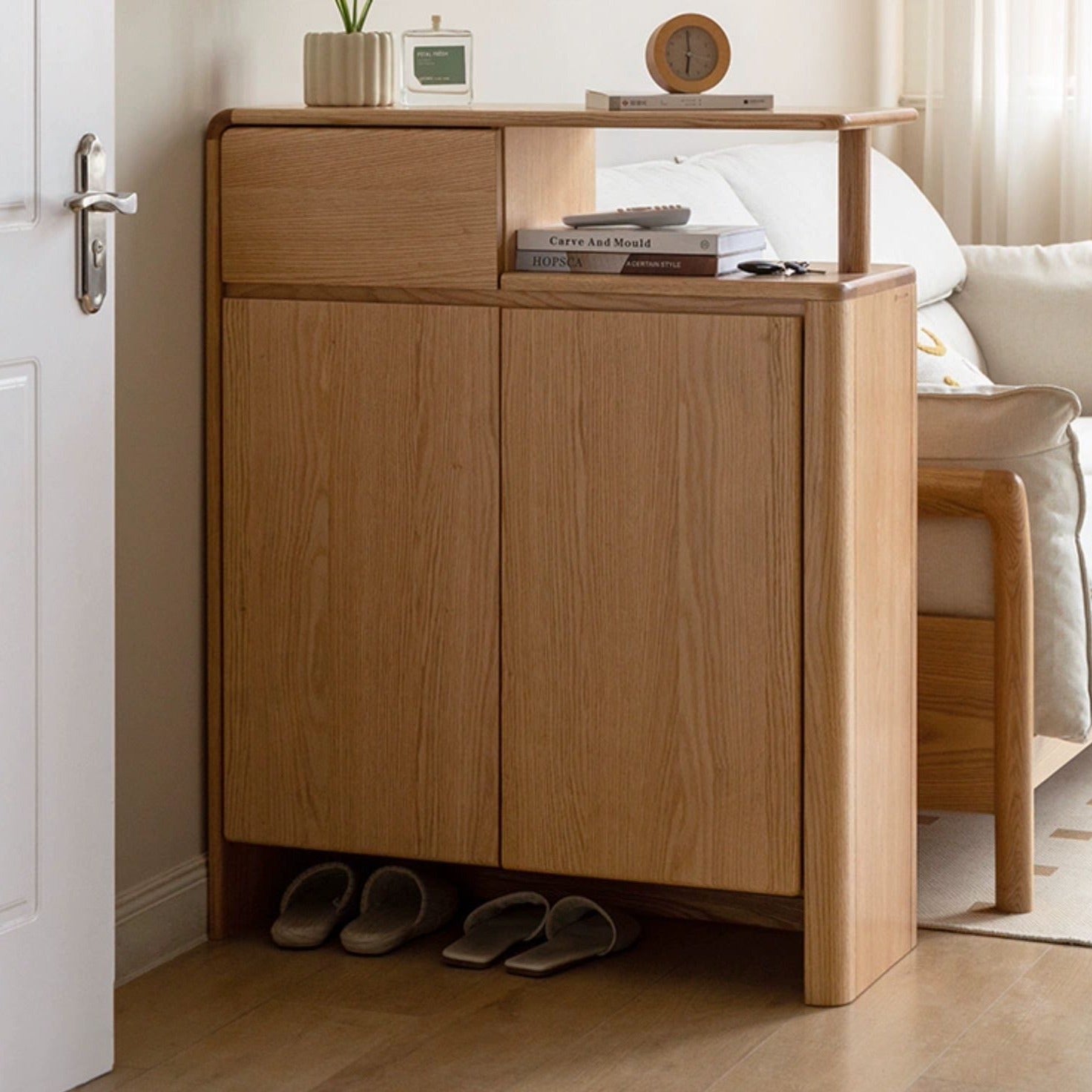 Solid Oak Wood Shoe Cabinet with Partition - Entryway Storage Organizer for Shoes, Boots & Accessories - Perfect for Porch, Mudroom, or Hallway Closet