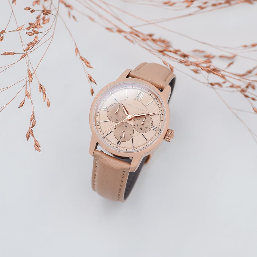 ARIES GOLD Urban Eternal Rose Gold Stainless Steel Women's Watch with Dusty Pink Leather Strap - Perfect for Everyday Wear, Office & Special Occasions