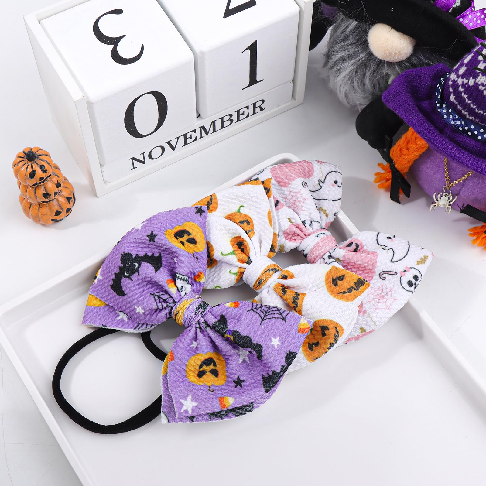 Halloween Baby Headbands with Bows - Pumpkin & Ghost Print for Girls - Party & Photo Props