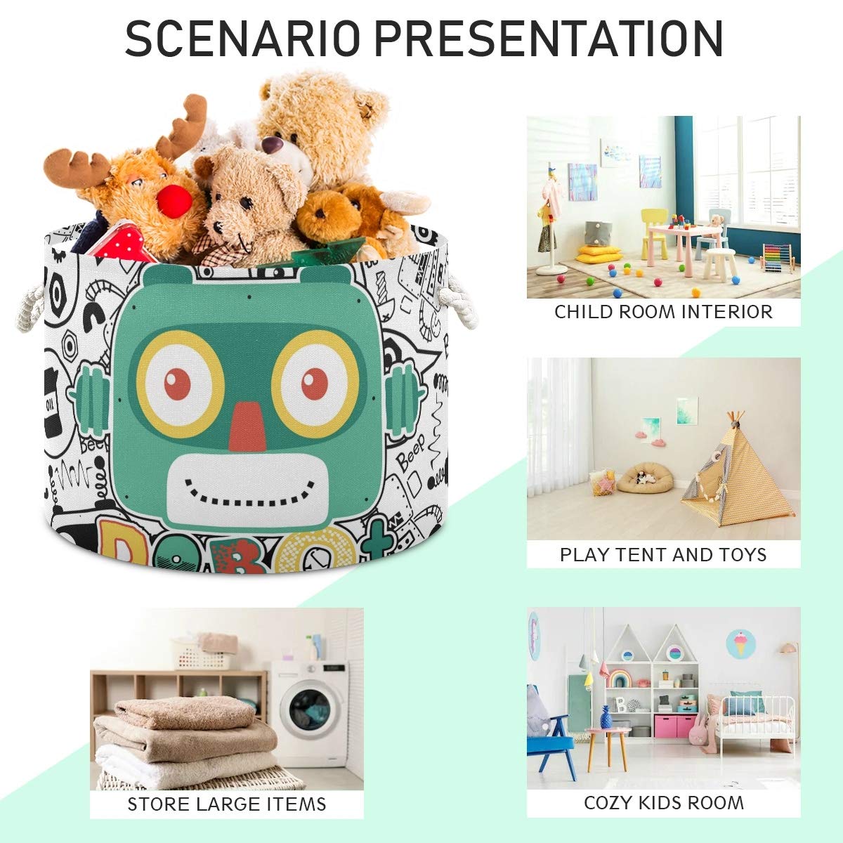 Collapsible Round Storage Basket - Fabric Toy Organizer & Laundry Hamper with Drawstrings | Cute Robot Head Design for Kids' Room, Nursery, Playroom & Closet Organization