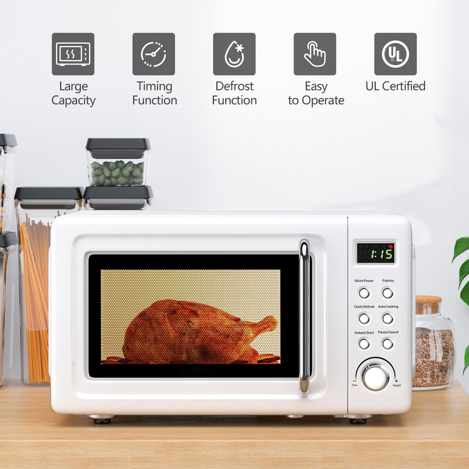 Moccha Compact Retro Microwave Oven - 0.7 Cu.ft 700W Countertop Microwave with 5 Power Levels, Delay Start, LED Display & Child Safety Lock - Perfect for Dorms, Apartments & Small Kitchens (White)