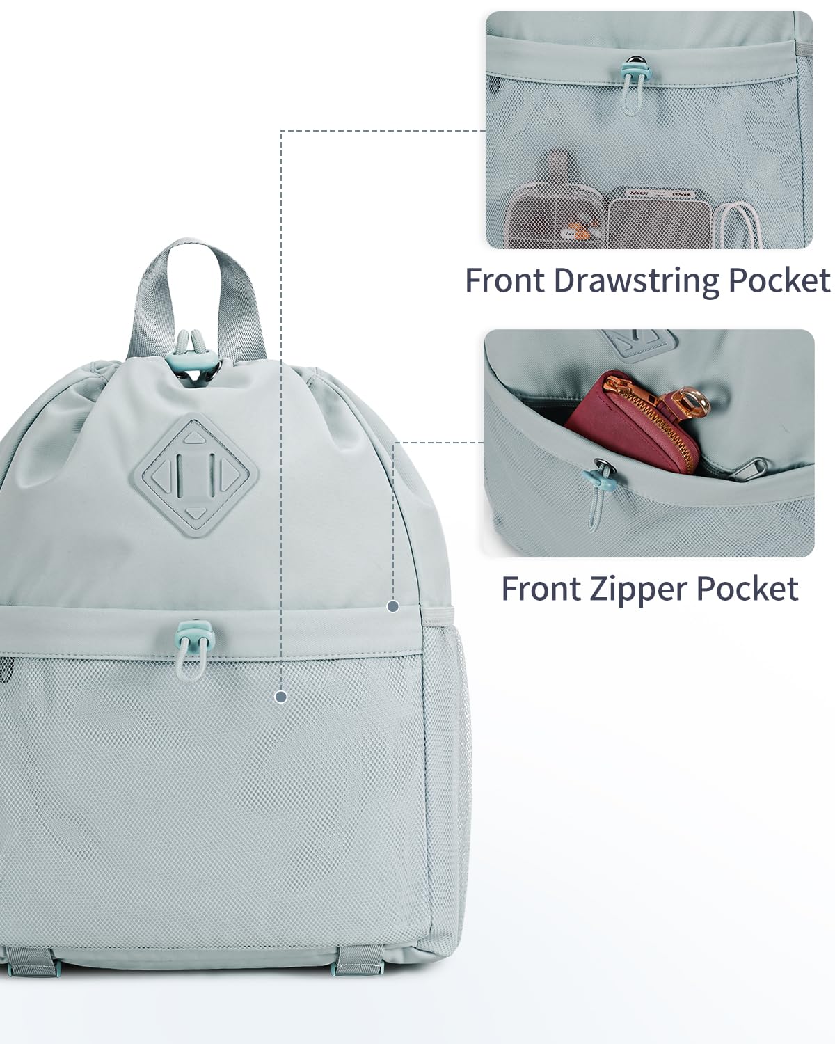 WANDF Water-Resistant Drawstring Backpack for Gym & Yoga - Sports Cinch Bag with Mesh Pocket & Yoga Mat Strap - Lightweight String Backpack for Men & Women (Grey) - Perfect for Workouts, Travel & Outdoor Activities