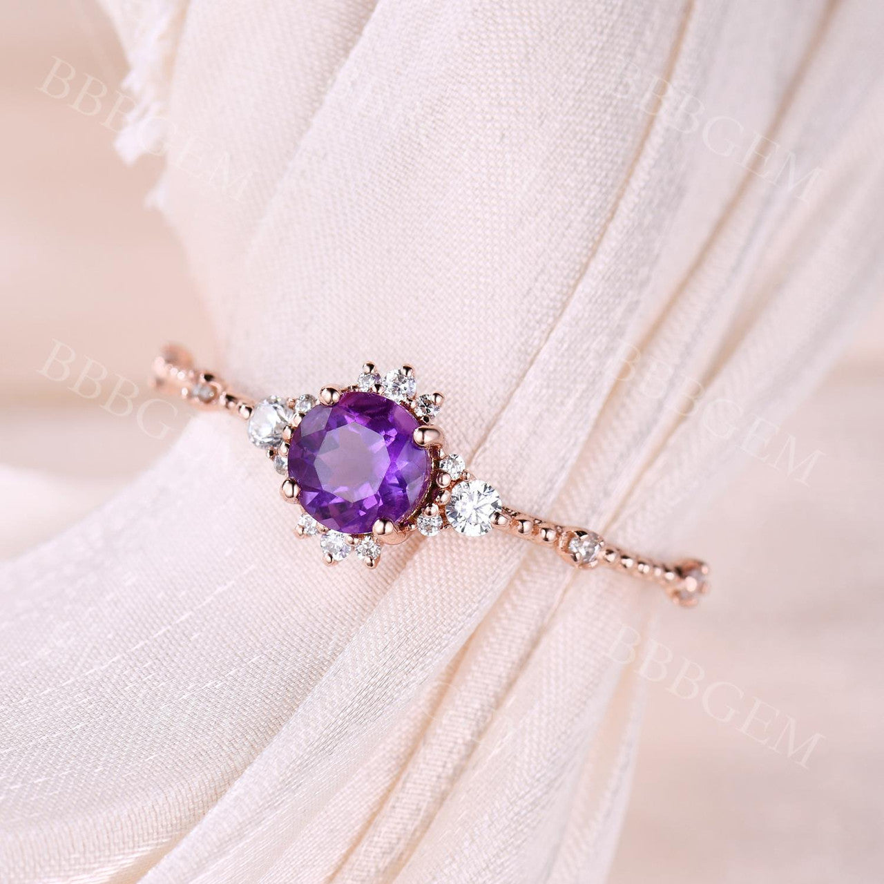5mm Round Cut Amethyst Engagement Ring - Dainty Purple Gemstone & Diamond Wedding Band for Women | Perfect for Proposals, Anniversaries & Romantic Occasions