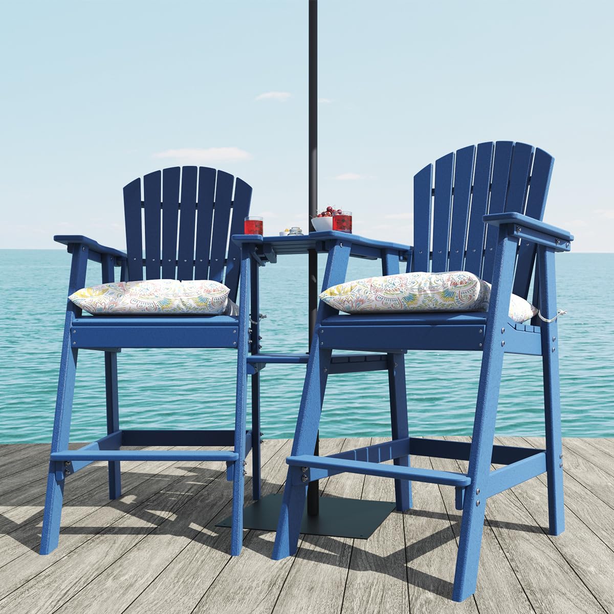 Sundale Outdoor 3-Piece Adirondack Bar Set with Patio Umbrella Table & 2 Counter-Height Bar Chairs - Navy Blue HDPE Pub Table & Stools w/ 2 Umbrella Hole Caps | Perfect for Backyard, Deck, Poolside & Outdoor Dining