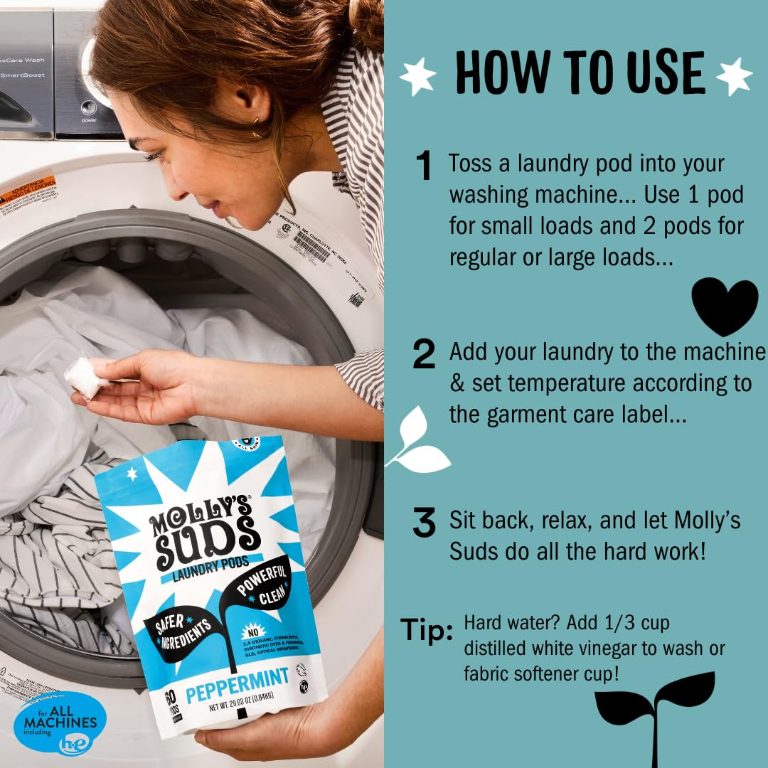 Molly's Suds Laundry Detergent Pods for Sensitive Skin | Hypoallergenic, Unscented & Eco-Friendly | Ultra Concentrated Stain Remover | 60 Count Pods | Perfect for Babies, Allergies & Eco-Conscious Families
