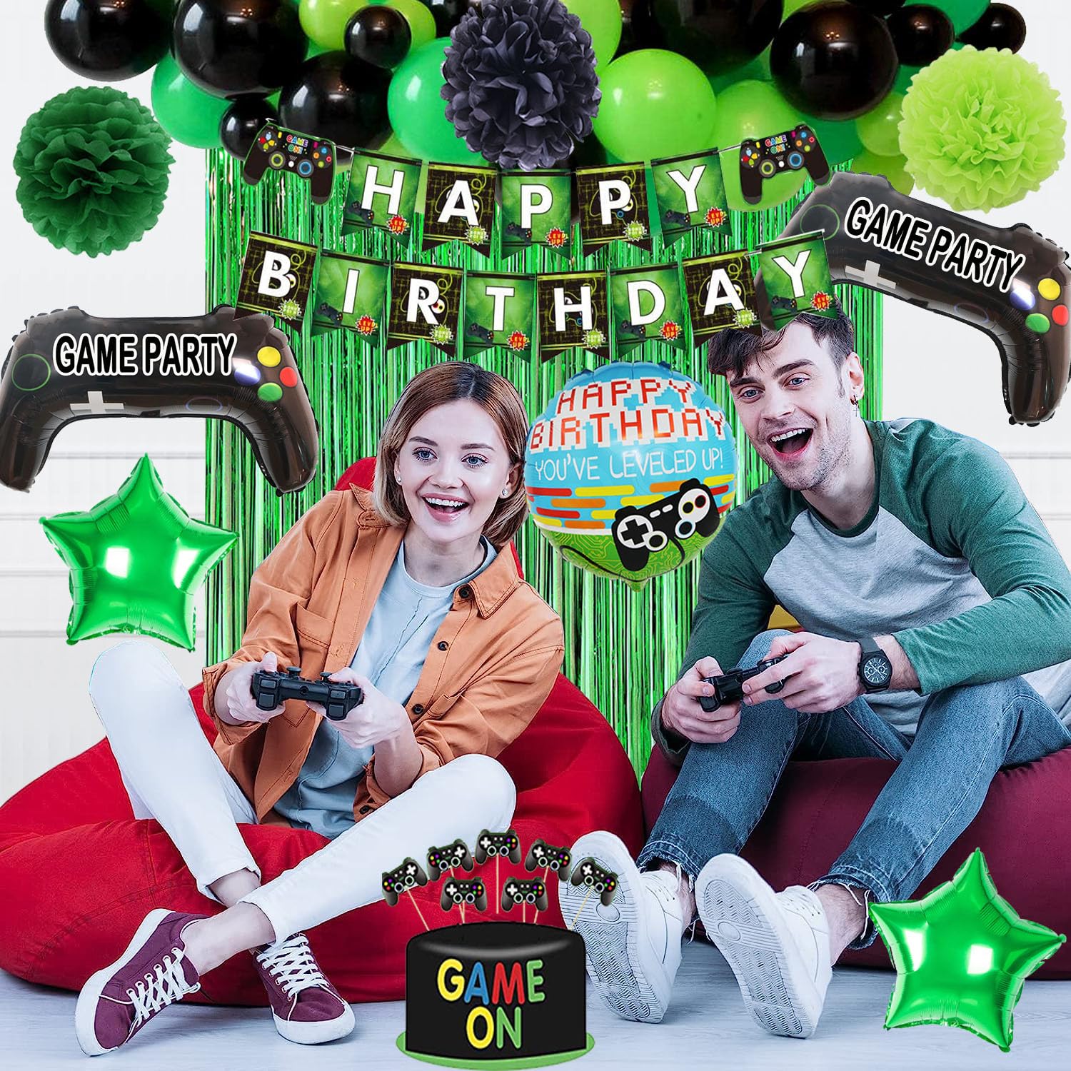 Video Game Themed Party Decorations Set - Happy Birthday Banner, Balloons, Tablecloth, Foil Curtain & Cake Toppers for Boys & Family Celebrations | Perfect for Gaming Birthday Parties, Kids Events & Family Gatherings