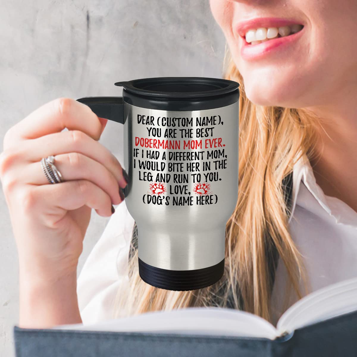 Personalized Doberman Pinscher Dog Mom Travel Mug - 14oz Insulated Coffee Cup with Lid - Unique Gift for Doberman Owners, Dog Lovers & Pet Moms - Perfect for Coffee, Tea, Commuting & Office Use