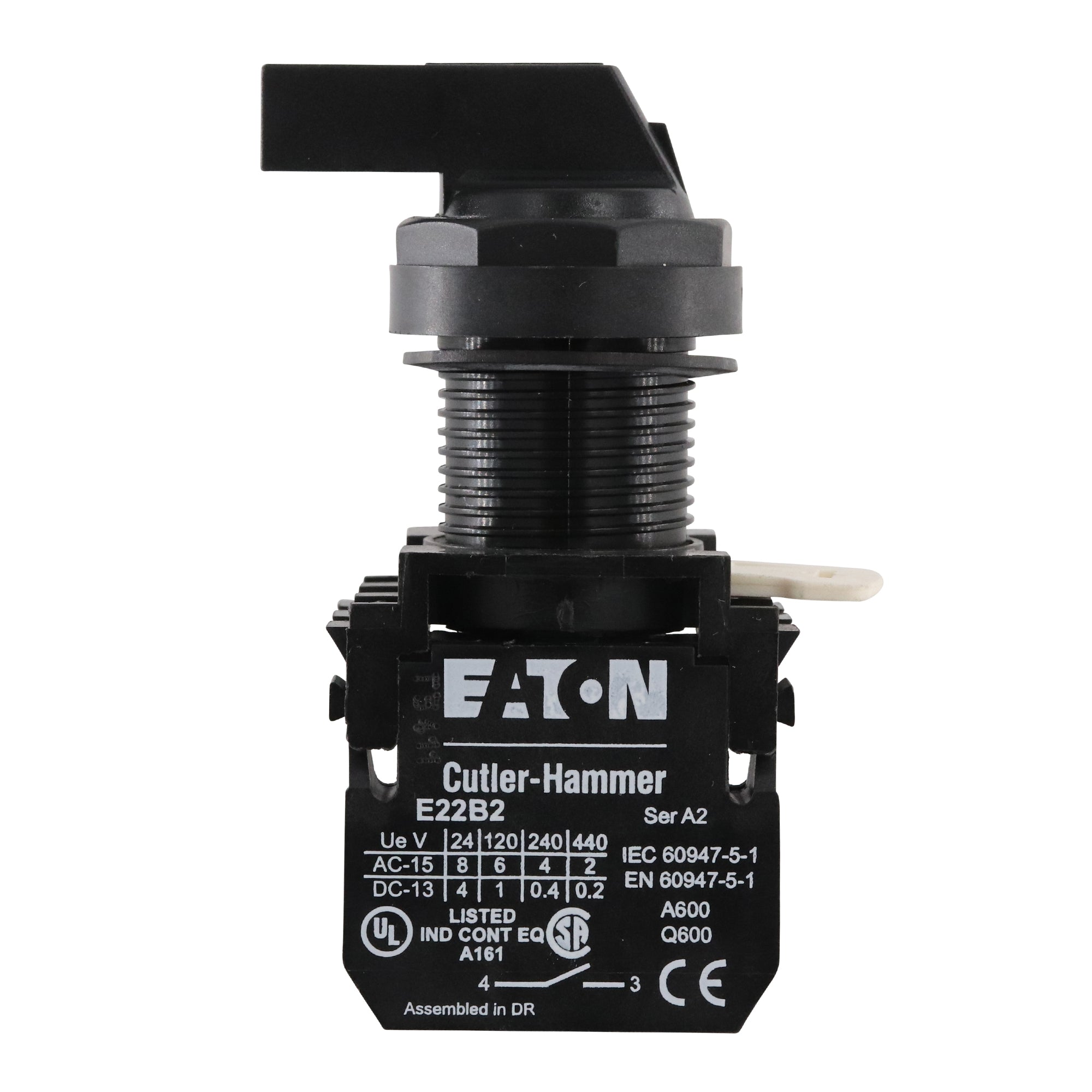 EATON E22VBF1A 2 Position Momentary Lever Selector Switch, 1NO Contact, Black - Perfect for Industrial Control Panels & Machinery Applications