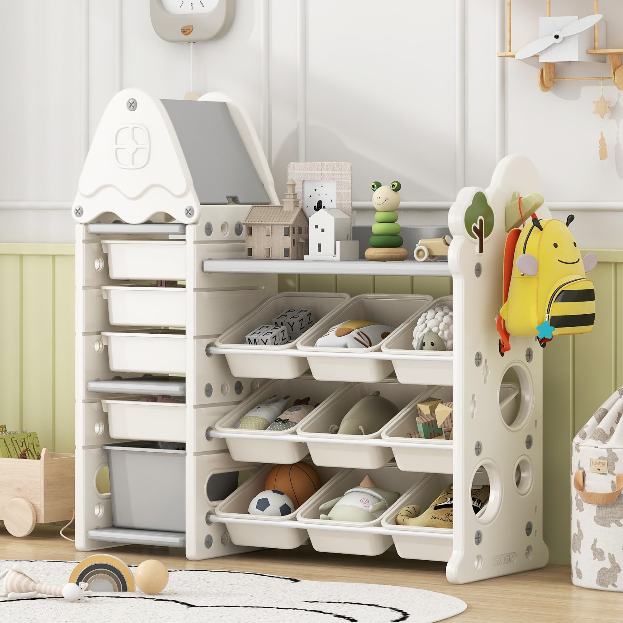 Merax 14-Bin Kids Toy Storage Organizer with Tree Roof - White Toy Box for Boys & Girls Bedroom, Playroom, Living Room | Perfect for Organizing Toys, Books & Games in Children's Rooms & Play Areas