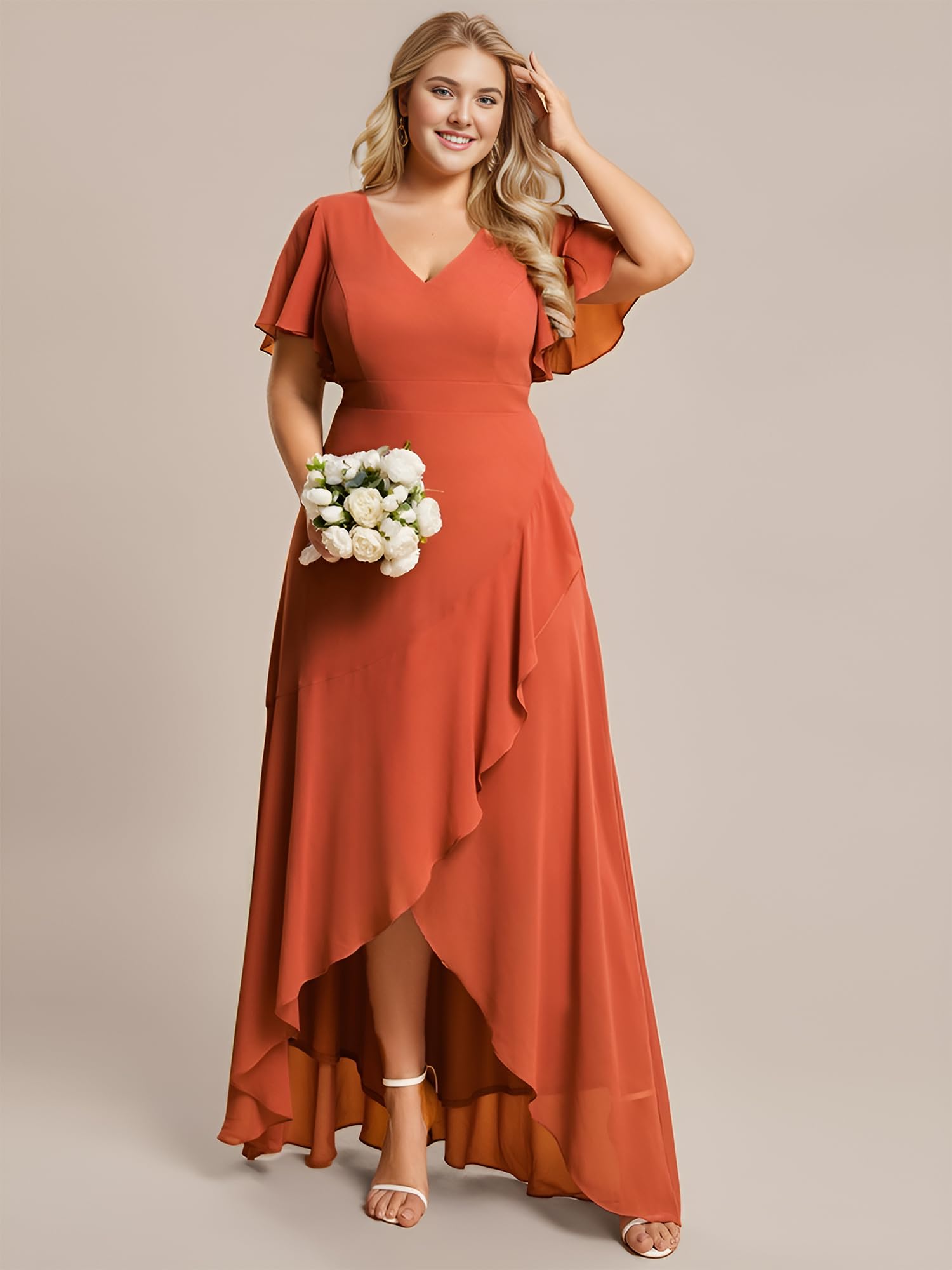 Ever-Pretty Women's Plus Size V-Neck High-Low Chiffon Dress with Sleeves for Wedding Guest, Semi-Formal Occasions & Summer Events - Perfect for Garden Parties, Cocktail Receptions & Bridesmaid Dresses (Style 1749-DAPH)